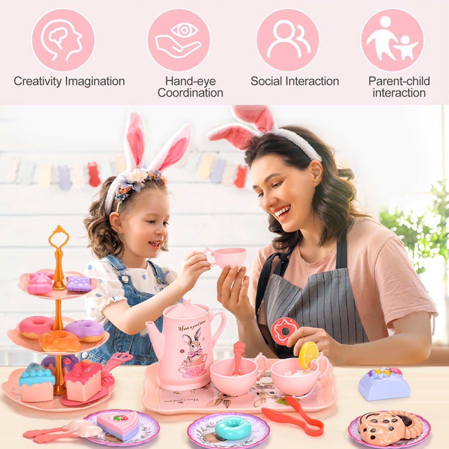 Lajeje Kids Tea Party Set – Bunny Kitchen Toy for Girls 3-8 | Teapot, Cups & Case