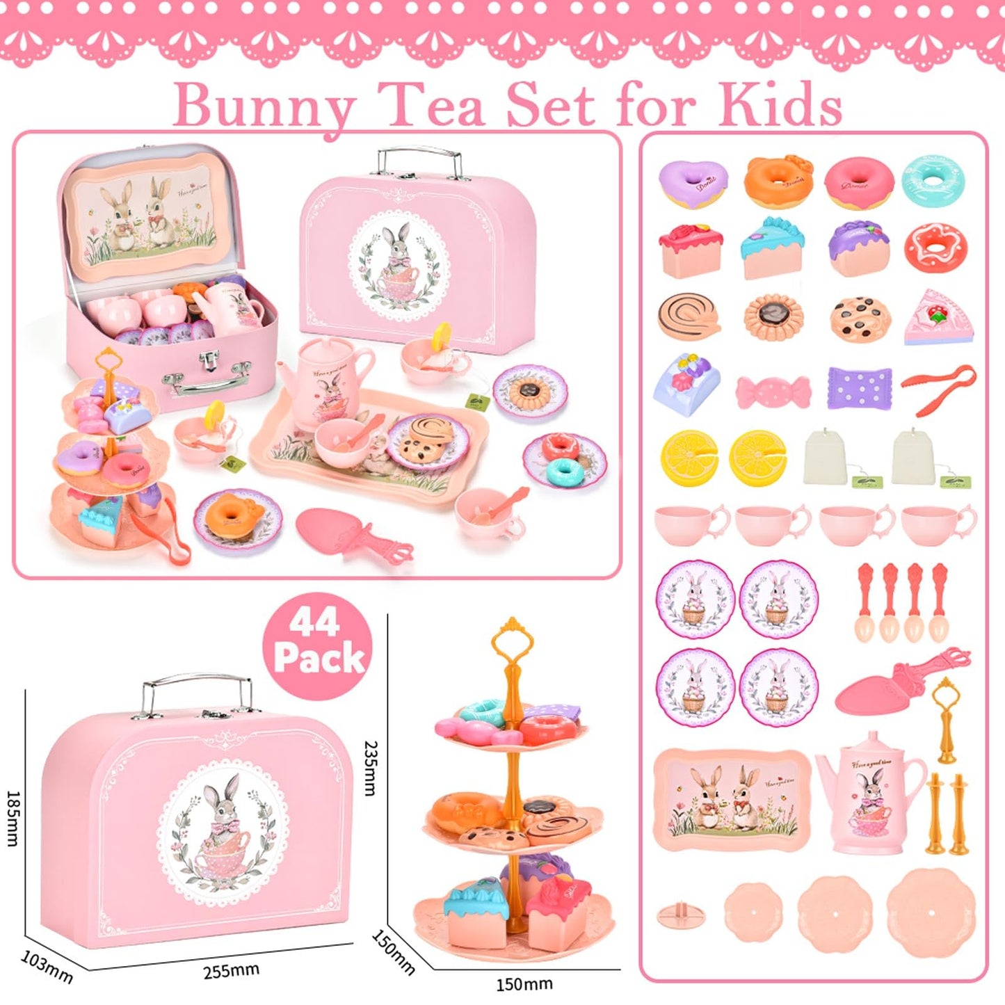 Lajeje Kids Tea Party Set – Bunny Kitchen Toy for Girls 3-8 | Teapot, Cups & Case