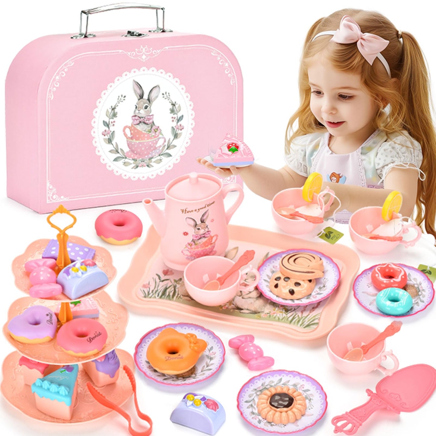 Lajeje Kids Tea Party Set – Bunny Kitchen Toy for Girls 3-8 | Teapot, Cups & Case