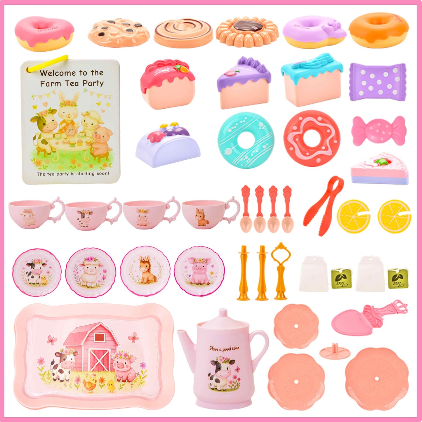 Lajeje Pink Barn Tea Party Set — 47-Piece Farm Animal Pretend Play Kit for Toddlers 3–5