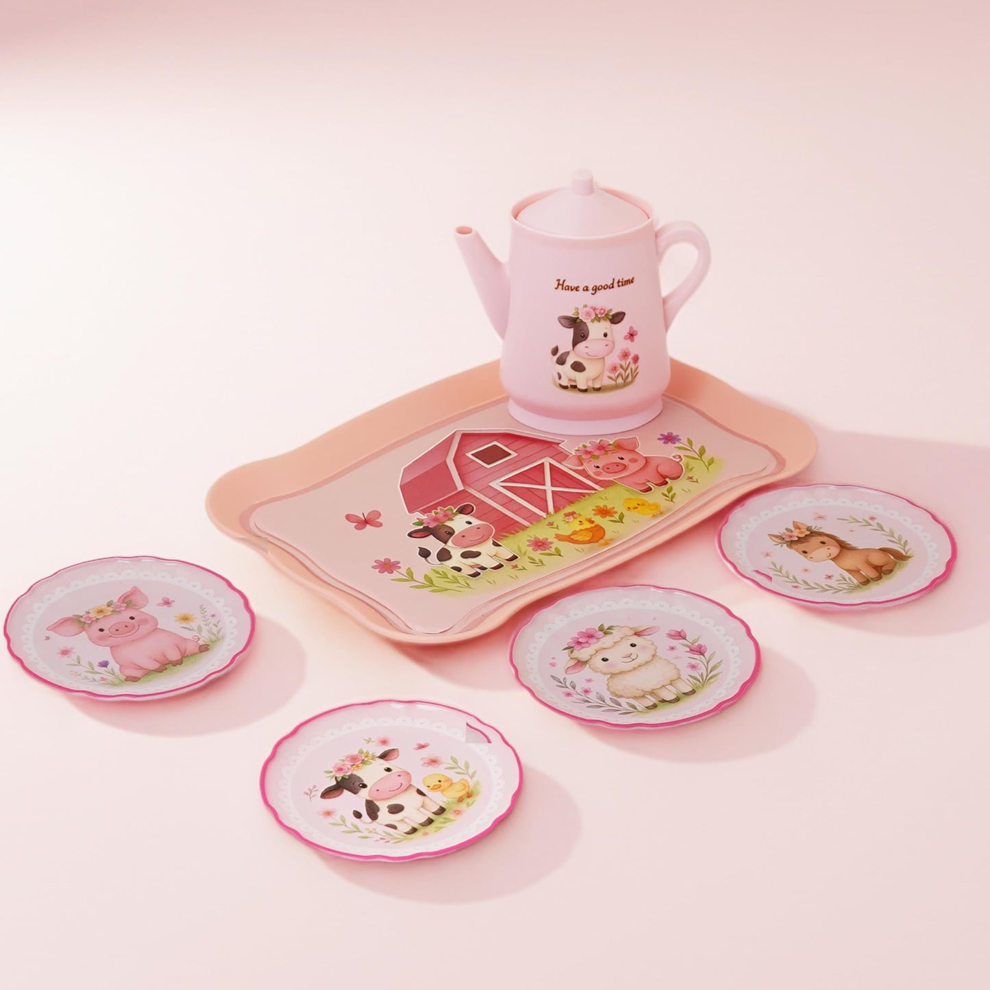Lajeje Pink Barn Tea Party Set — 47-Piece Farm Animal Pretend Play Kit for Toddlers 3–5