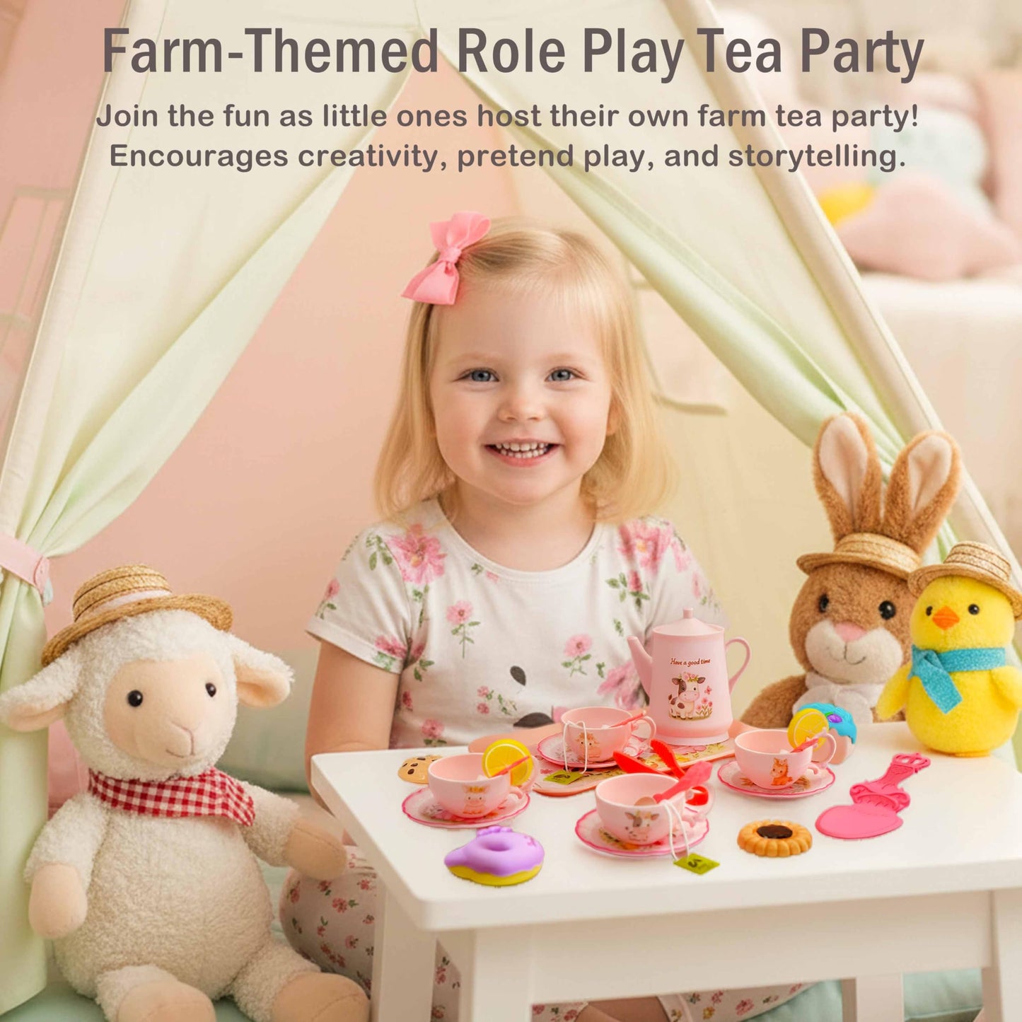 Lajeje Pink Barn Tea Party Set — 47-Piece Farm Animal Pretend Play Kit for Toddlers 3–5