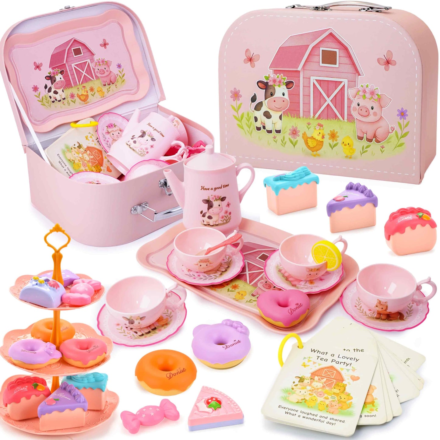 Lajeje Pink Barn Tea Party Set — 47-Piece Farm Animal Pretend Play Kit for Toddlers 3–5