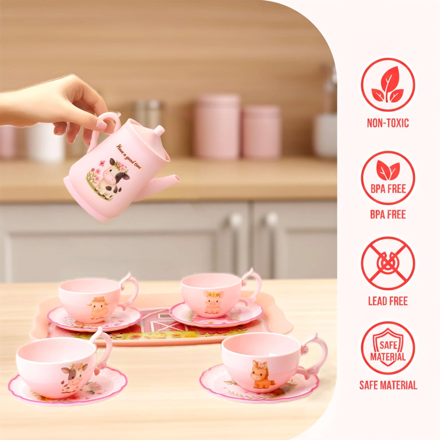 Lajeje Pink Barn Tea Party Set — 47-Piece Farm Animal Pretend Play Kit for Toddlers 3–5