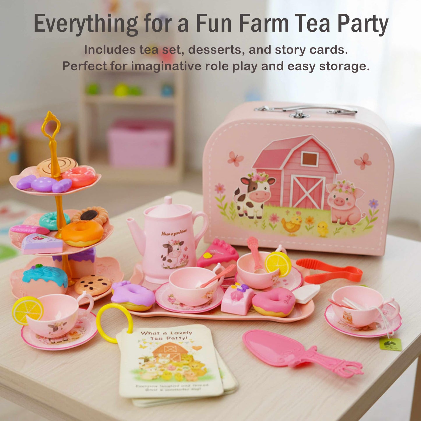Lajeje Pink Barn Tea Party Set — 47-Piece Farm Animal Pretend Play Kit for Toddlers 3–5