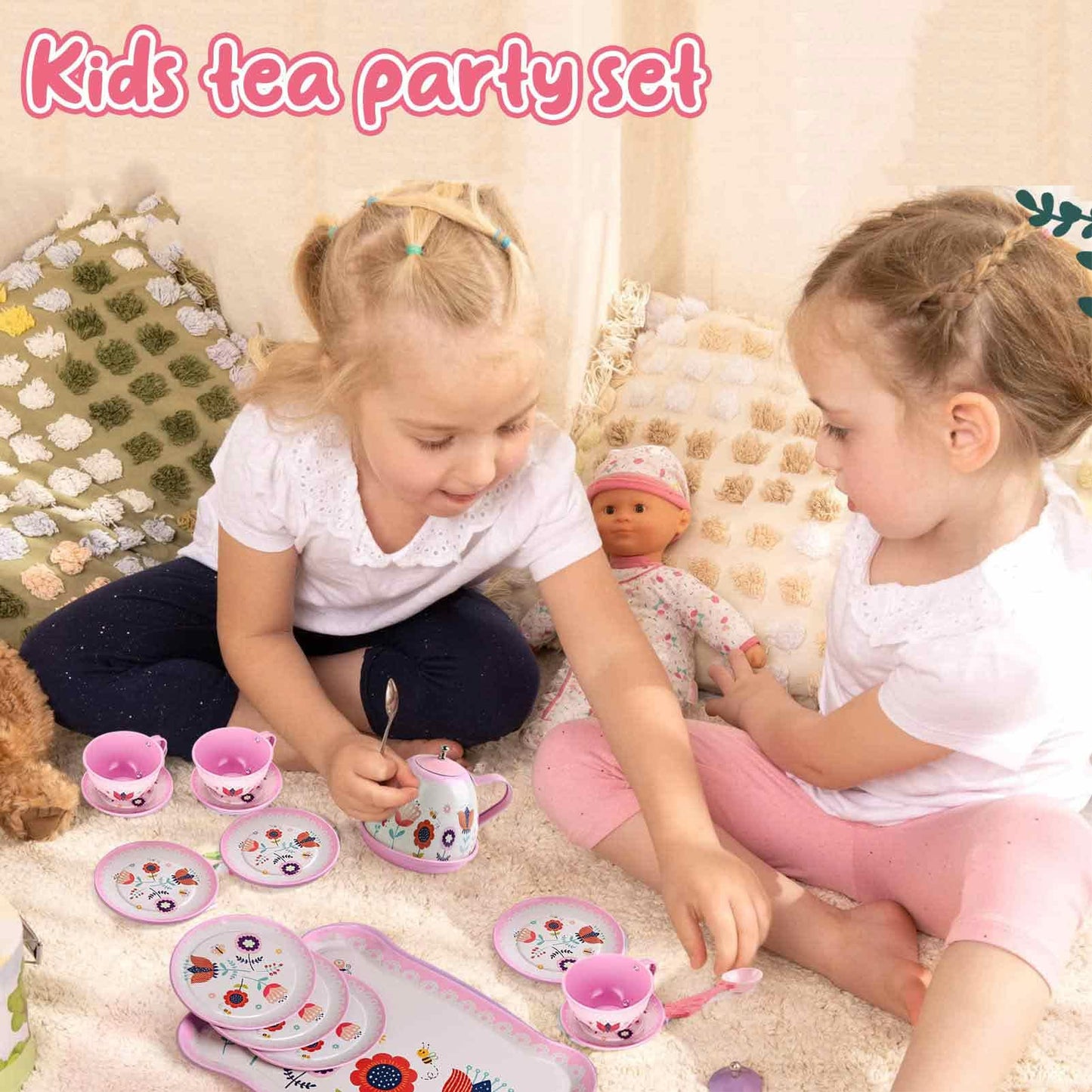 Lajeje Pretend Play Tea Set – Flower Themed 19 PCS for Ages 3-8 | Safe & Durable