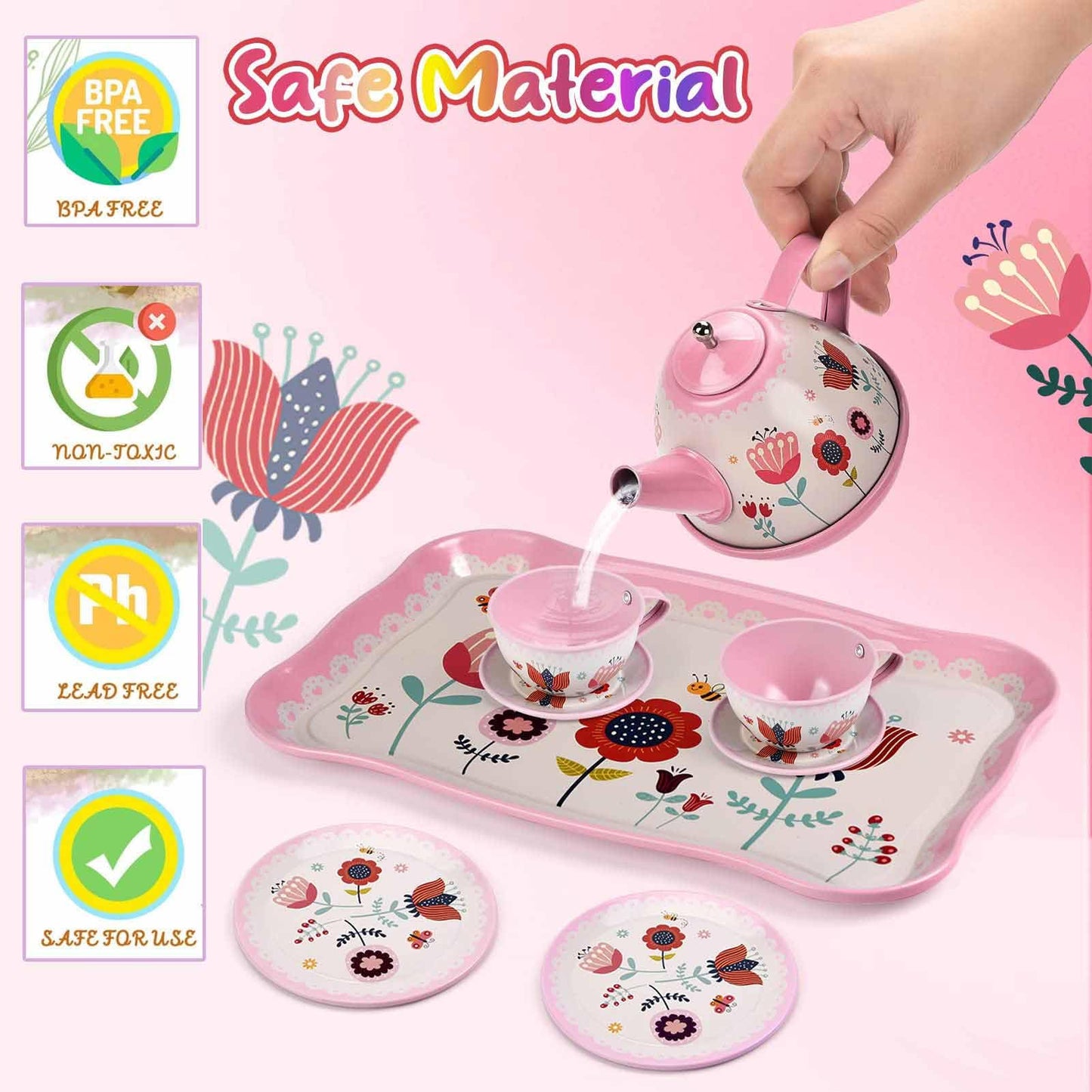 Lajeje Pretend Play Tea Set – Flower Themed 19 PCS for Ages 3-8 | Safe & Durable