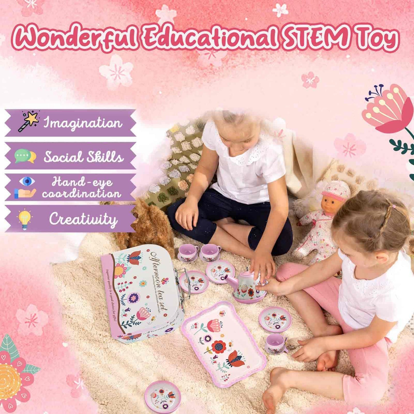 Lajeje Pretend Play Tea Set – Flower Themed 19 PCS for Ages 3-8 | Safe & Durable