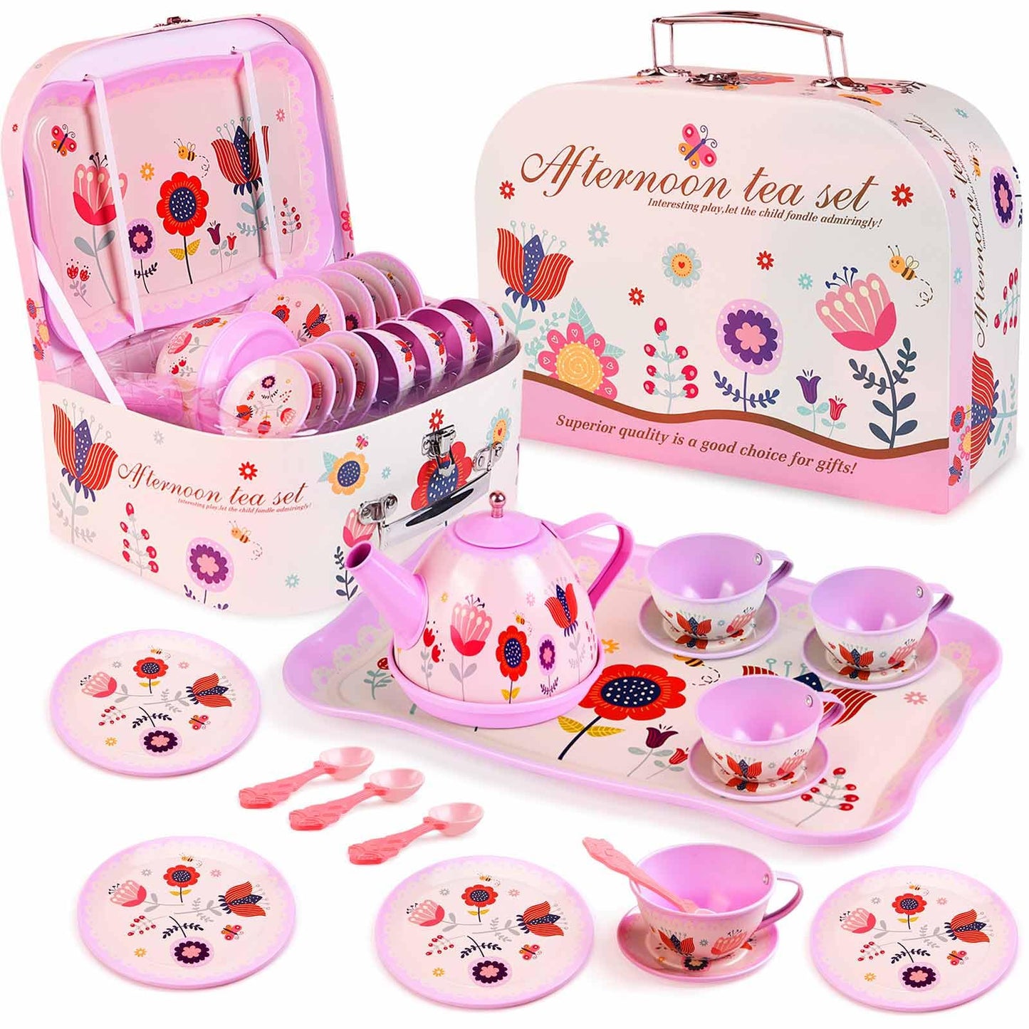 Lajeje Pretend Play Tea Set – Flower Themed 19 PCS for Ages 3-8 | Safe & Durable