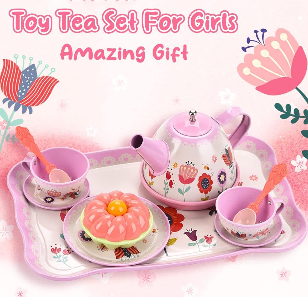 Lajeje Pretend Play Tea Set – Flower Themed 19 PCS for Ages 3-8 | Safe & Durable