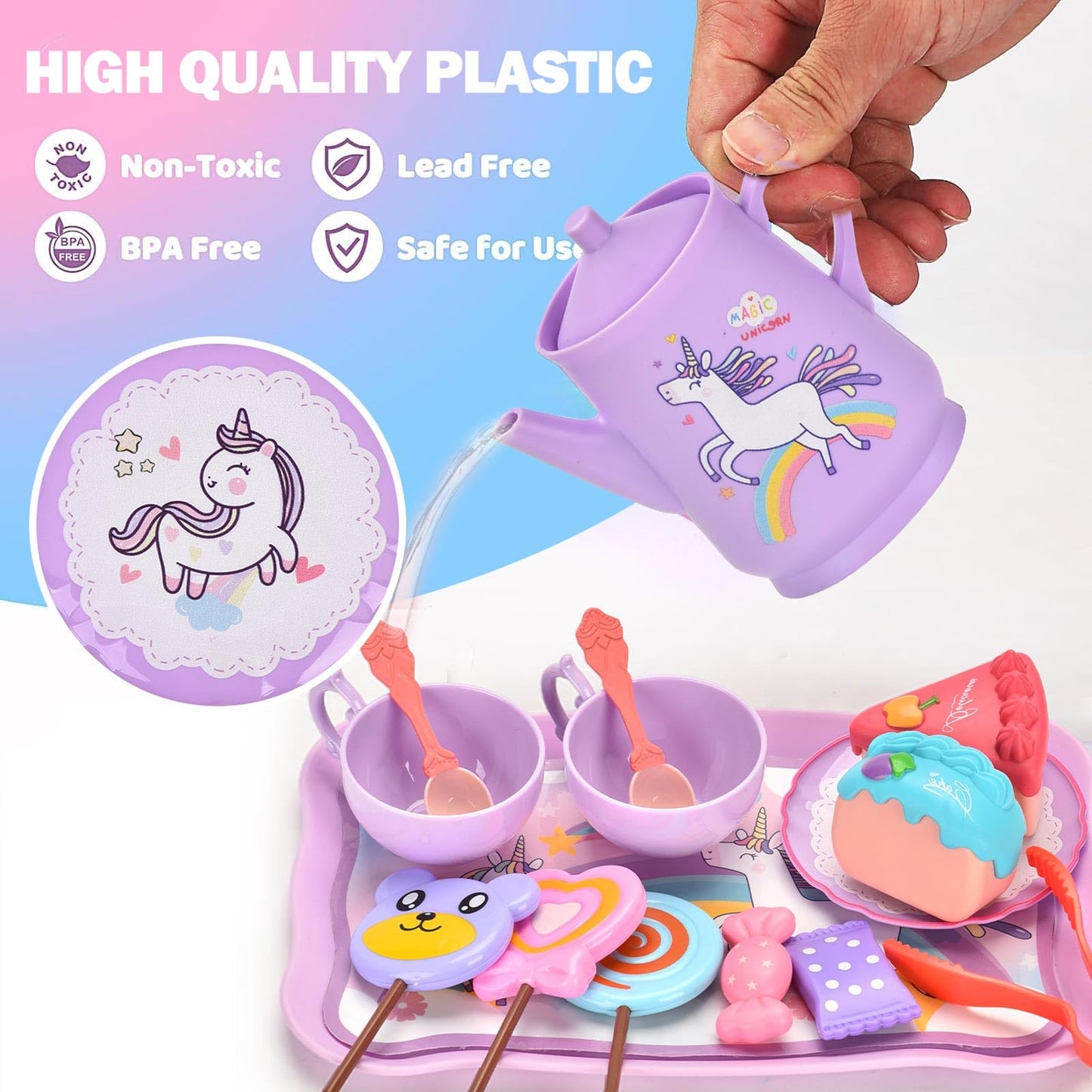 Lajeje Unicorn Tea Party Set for Kids — Pretend Play Teapot, Dessert, and Carrying Case