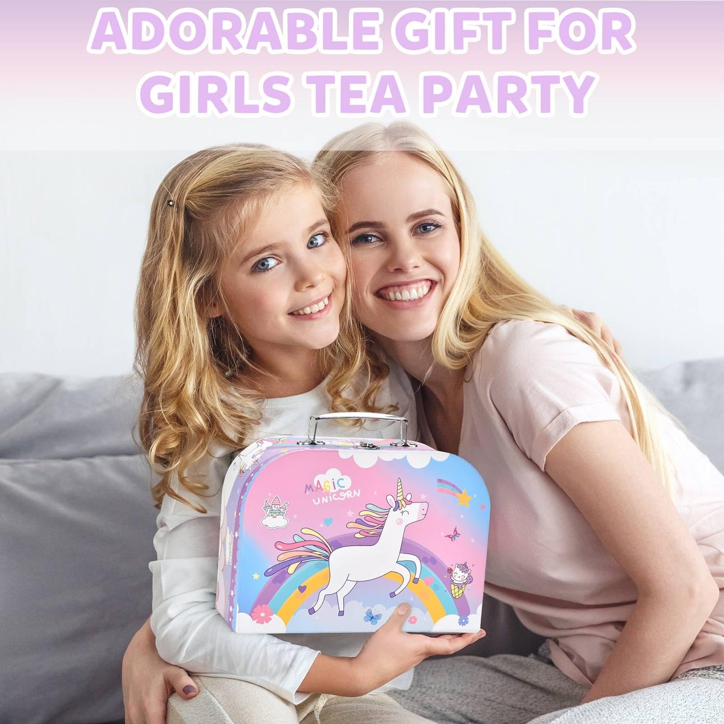 Lajeje Unicorn Tea Party Set for Kids — Pretend Play Teapot, Dessert, and Carrying Case
