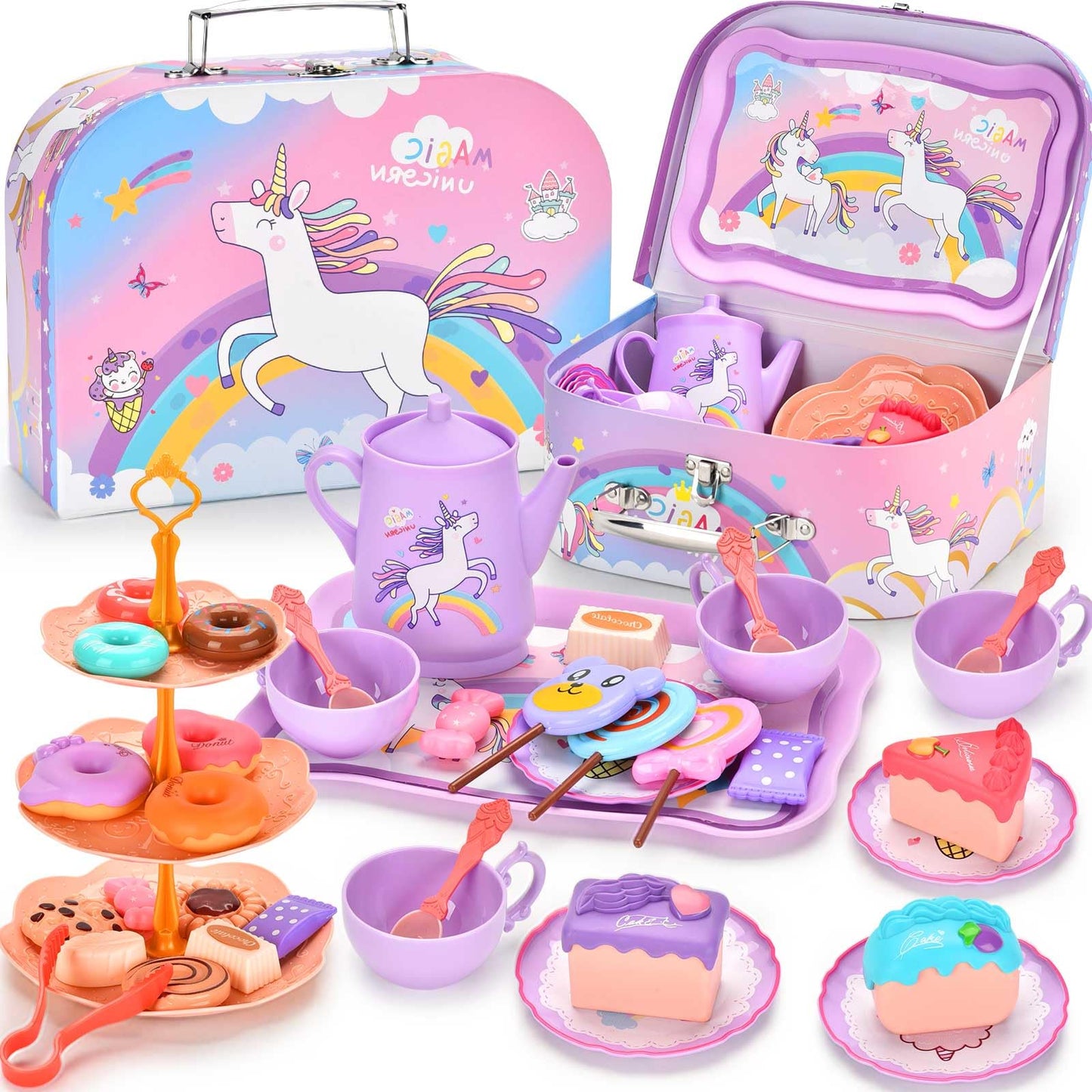 Lajeje Unicorn Tea Party Set for Kids — Pretend Play Teapot, Dessert, and Carrying Case