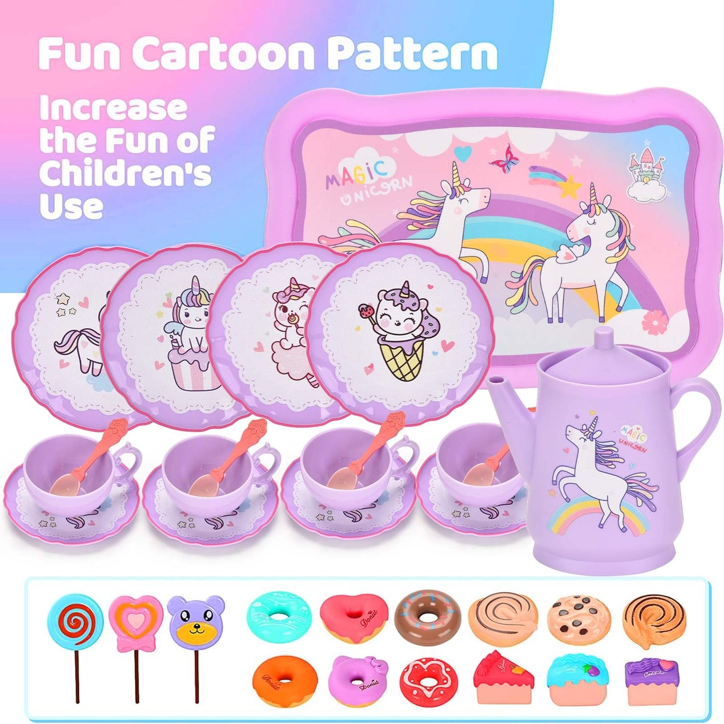 Lajeje Unicorn Tea Party Set for Kids — Pretend Play Teapot, Dessert, and Carrying Case