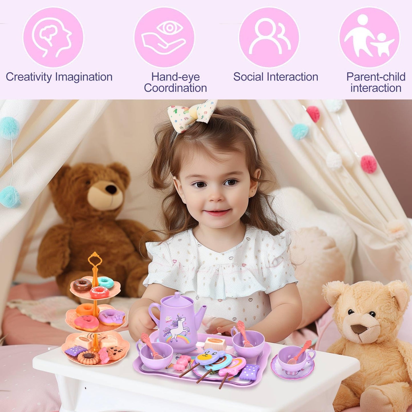 Lajeje Unicorn Tea Party Set for Kids — Pretend Play Teapot, Dessert, and Carrying Case