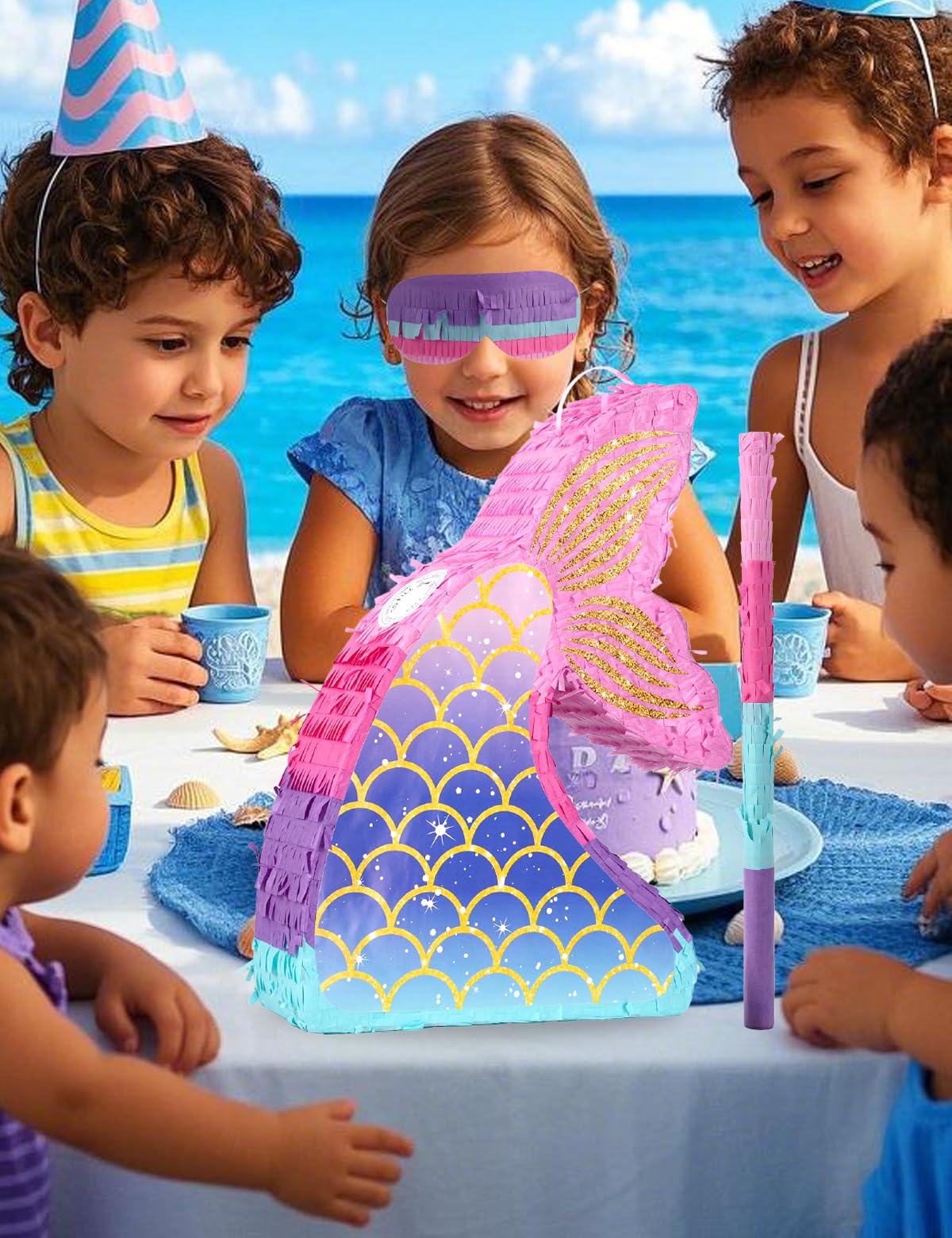 LAKINGO Mermaid Pinata for Girls – Under the Sea Pinata with Wood Stick & Blindfold (16 x 12 x 3 in)