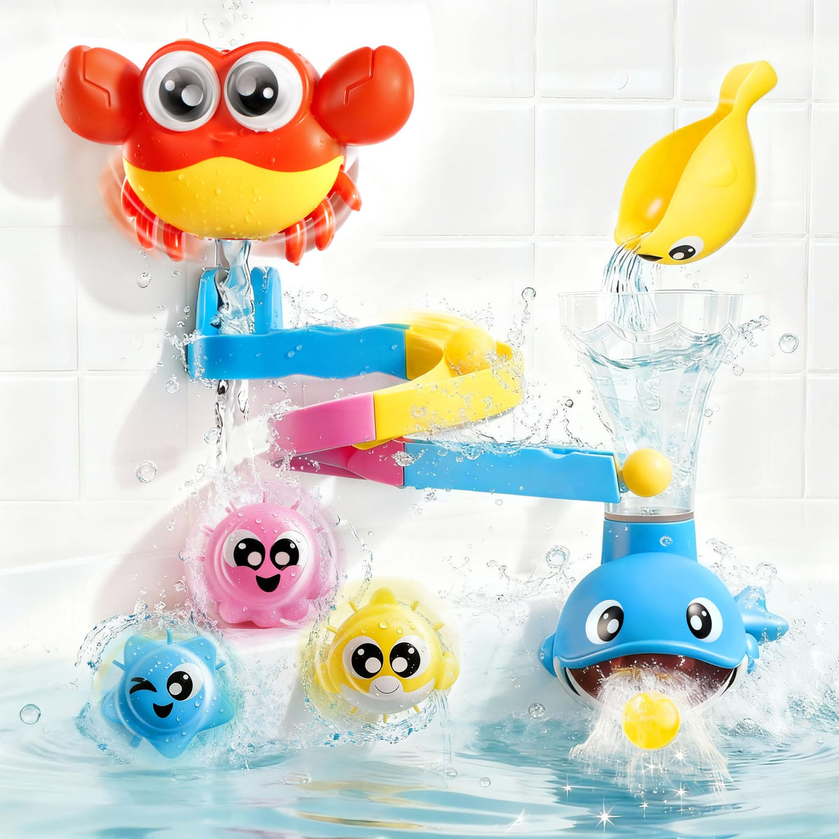 lalalark 7-in-1 Bath Toys for Toddlers – Crab, Whale, Spinning Fish & Water Track (Ages 3-5)