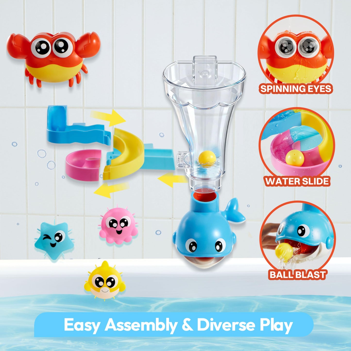 lalalark 7-in-1 Bath Toys for Toddlers – Crab, Whale, Spinning Fish & Water Track (Ages 3-5)