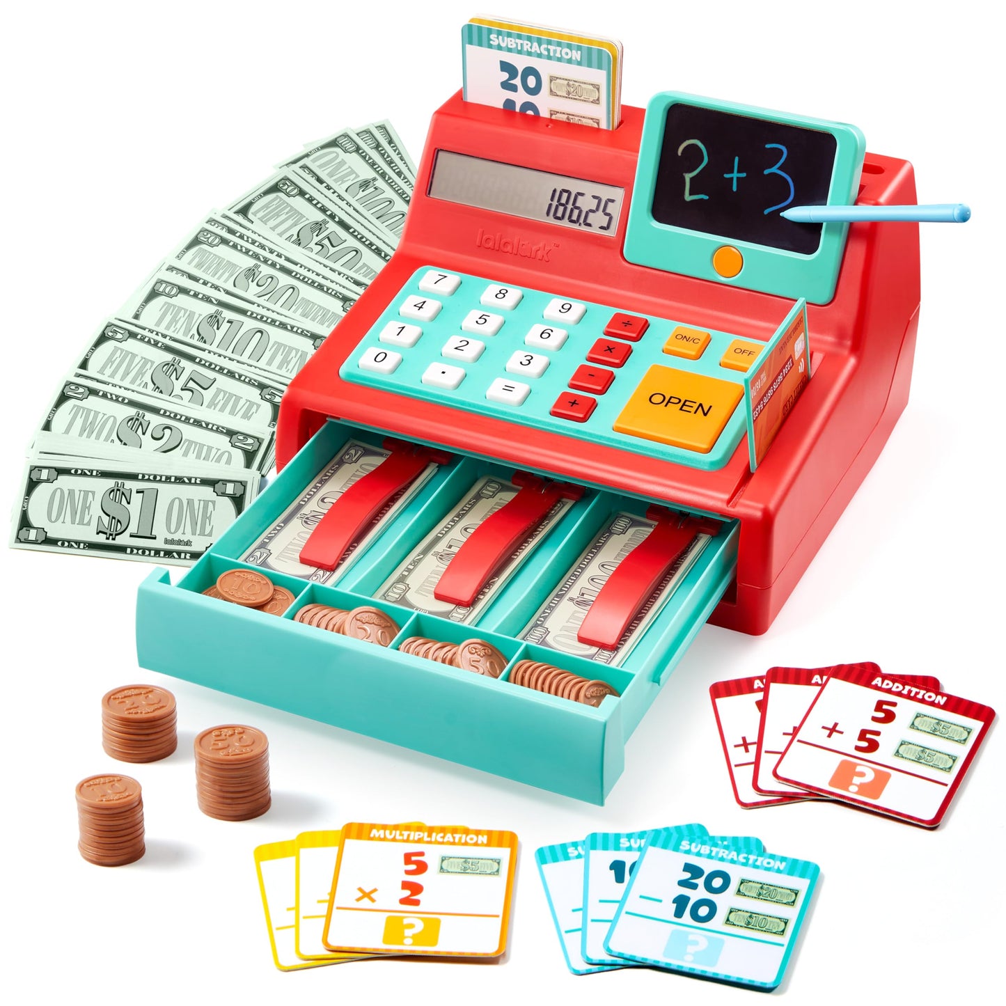 Lalalark Cash Register Toy for Kids – Detachable Write & Erase Pad, Play Money & Card, Grocery Store Playset