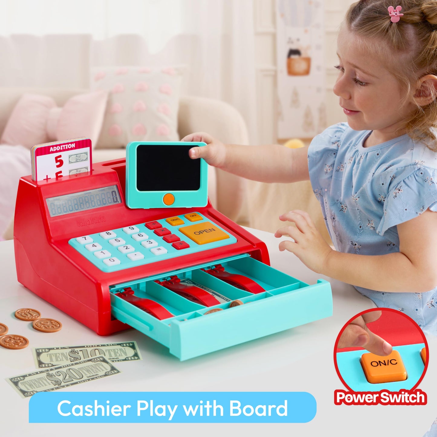 Lalalark Cash Register Toy for Kids – Detachable Write & Erase Pad, Play Money & Card, Grocery Store Playset