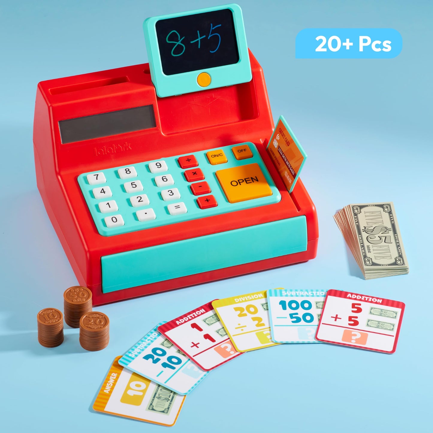 Lalalark Cash Register Toy for Kids – Detachable Write & Erase Pad, Play Money & Card, Grocery Store Playset