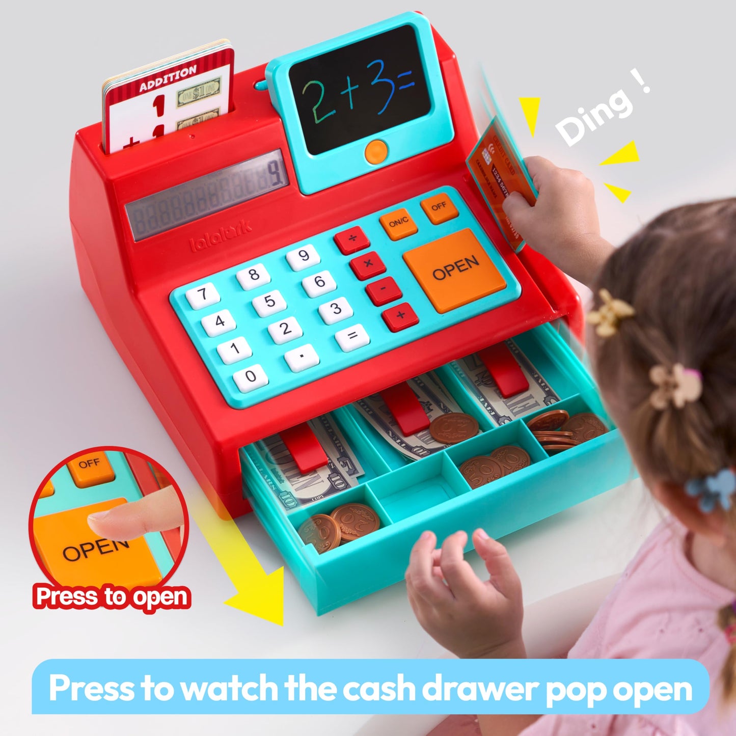 Lalalark Cash Register Toy for Kids – Detachable Write & Erase Pad, Play Money & Card, Grocery Store Playset