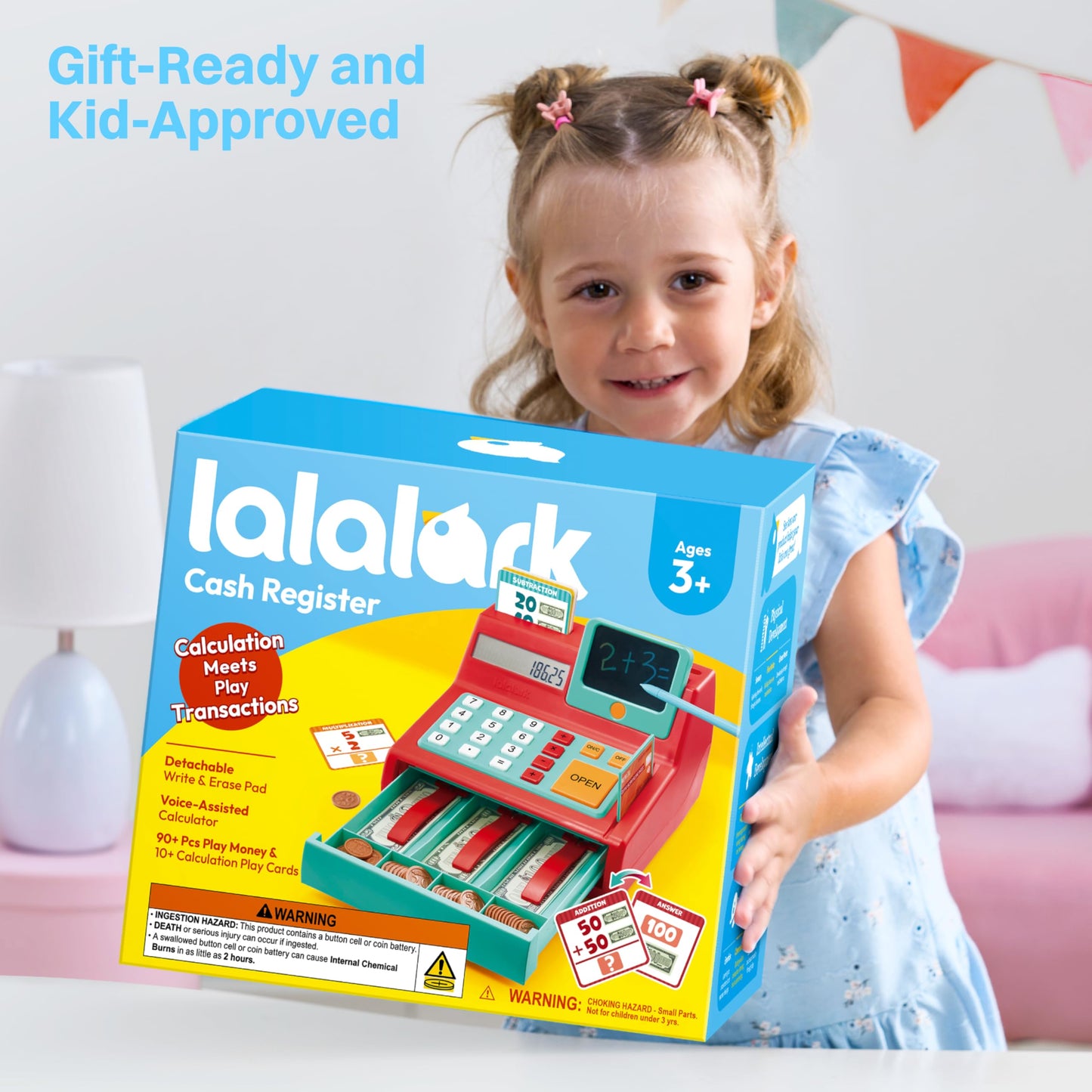 Lalalark Cash Register Toy for Kids – Detachable Write & Erase Pad, Play Money & Card, Grocery Store Playset