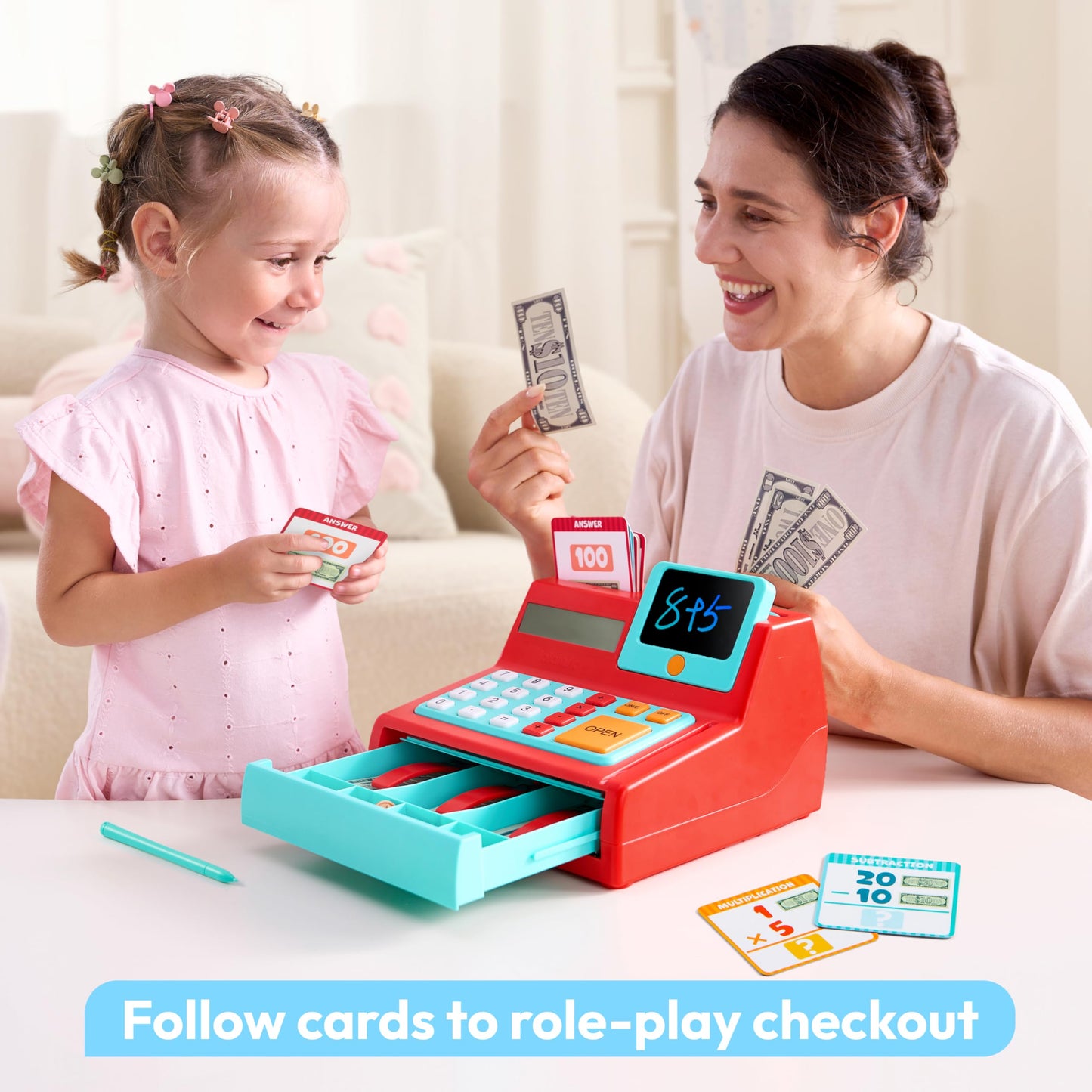 Lalalark Cash Register Toy for Kids – Detachable Write & Erase Pad, Play Money & Card, Grocery Store Playset