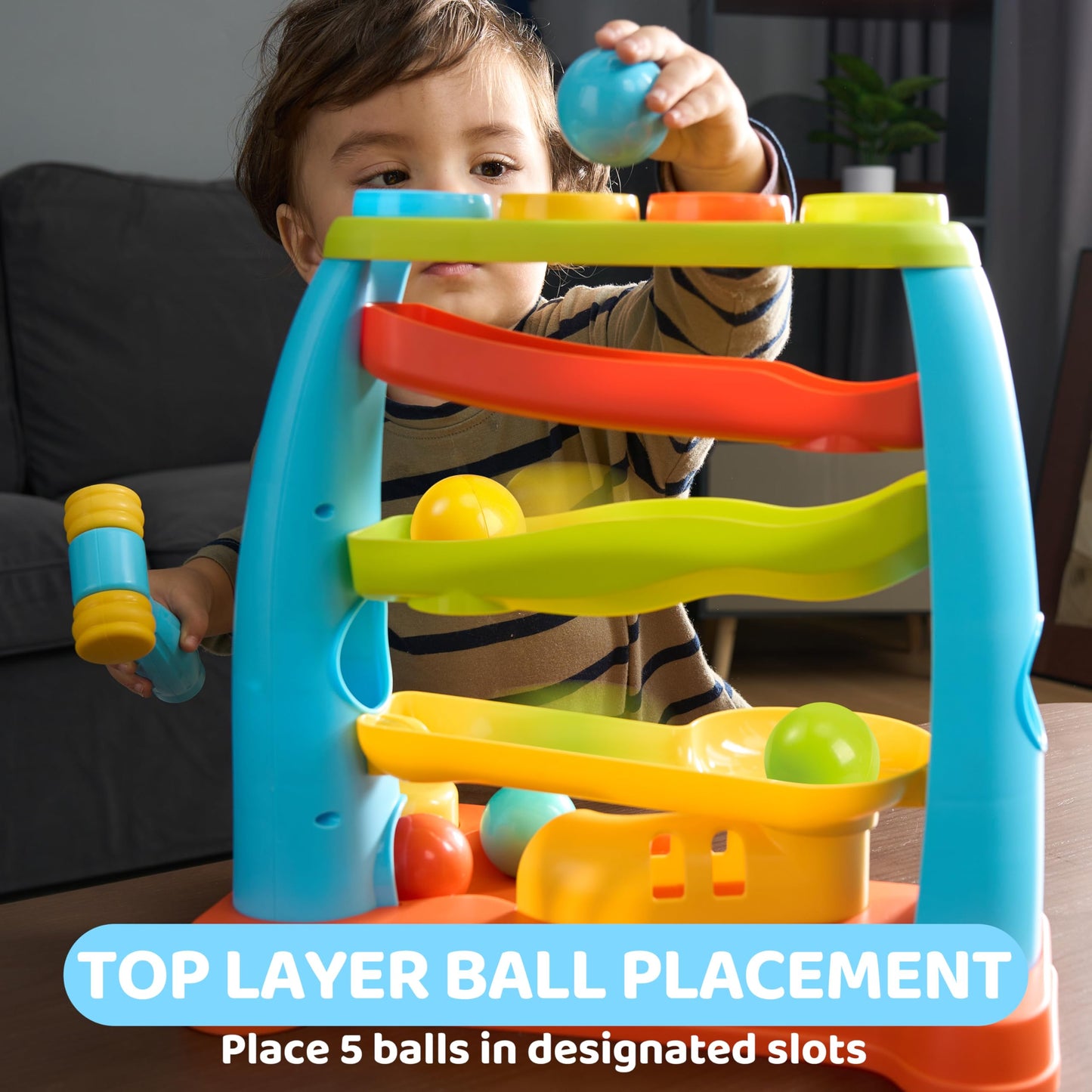 lalalark Ball Drop Toy for Toddlers – Four-Level Track & Pound a Ball Montessori Toy
