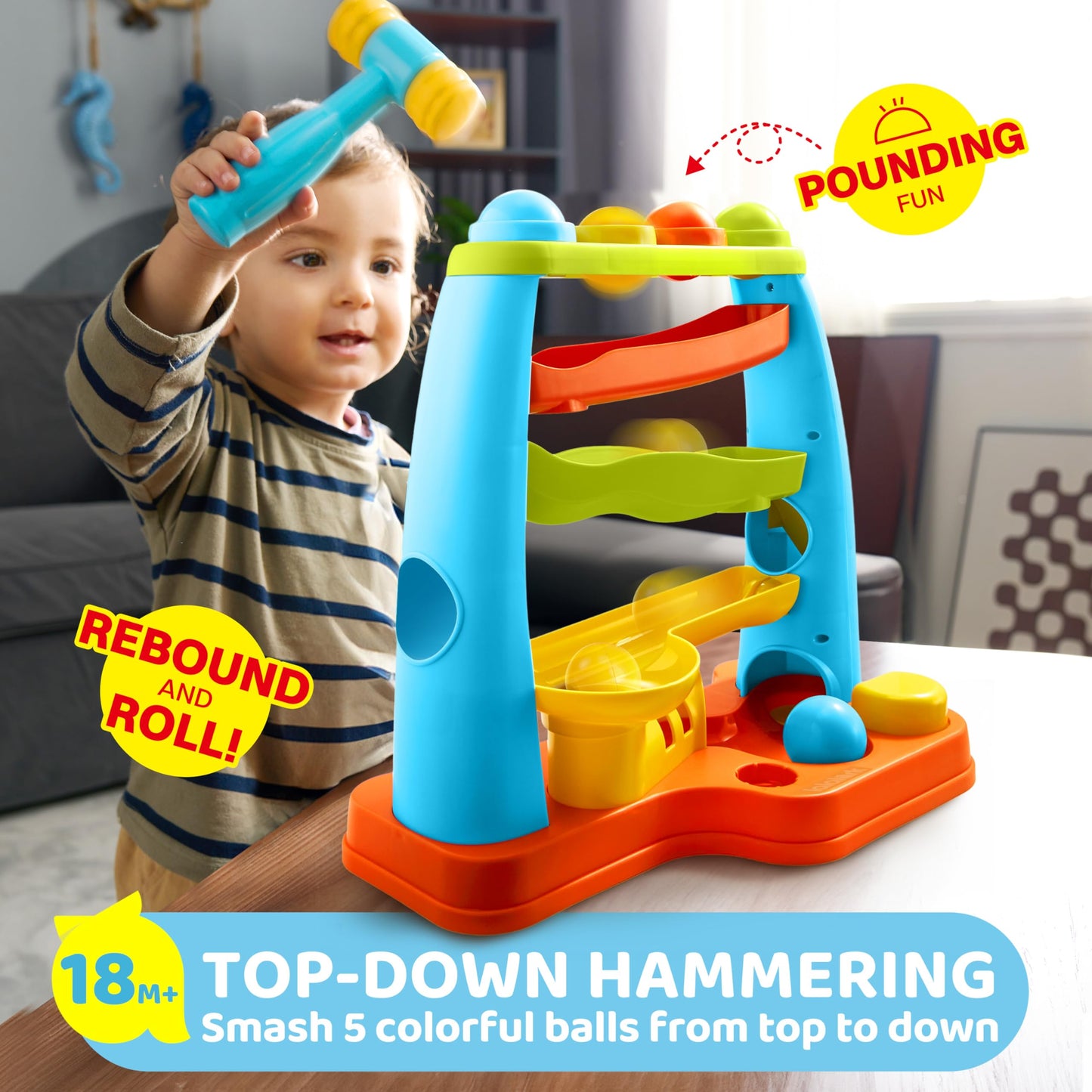 lalalark Ball Drop Toy for Toddlers – Four-Level Track & Pound a Ball Montessori Toy