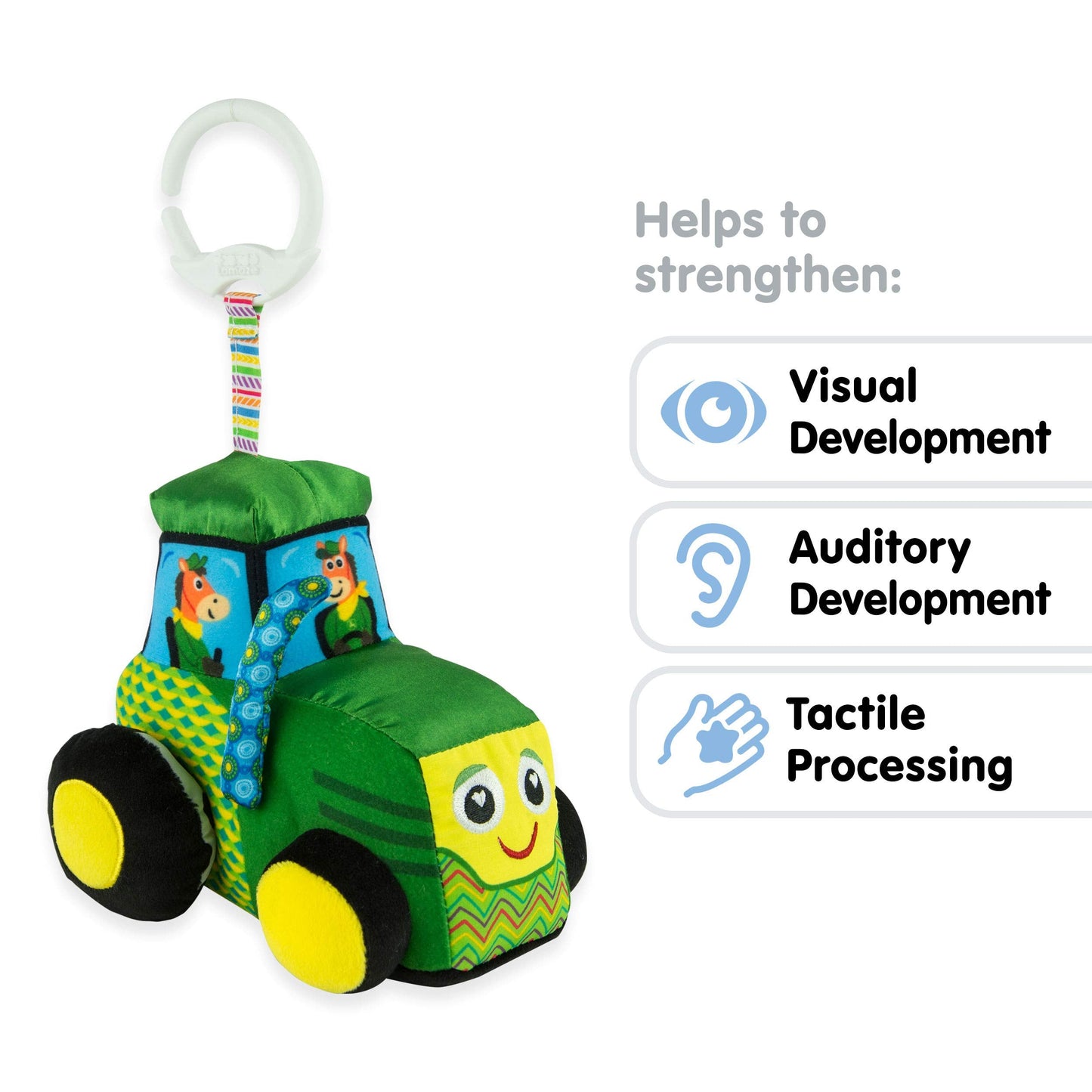 Lamaze John Deere Tractor Clip-On Toy for Travel – High-Contrast Baby Crinkle Toy