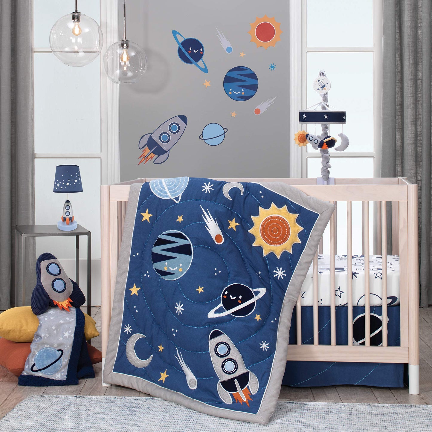 Lambs & Ivy Milky Way Rocket Ship Nursery Throw Pillow Plush – Navy Velour & Gray Minky