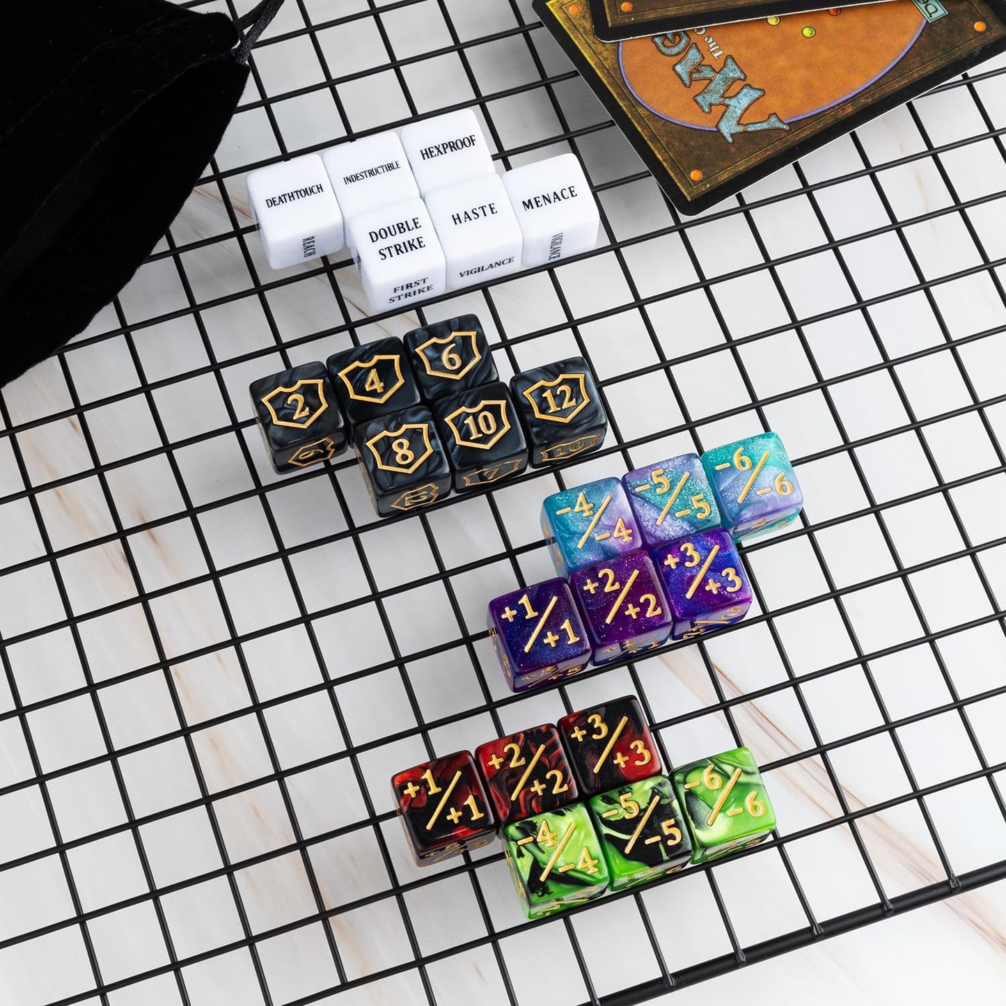 LAMJAM 63-Piece MTG Dice Counters Kit | Shield Dice, Keywords & Life Tokens