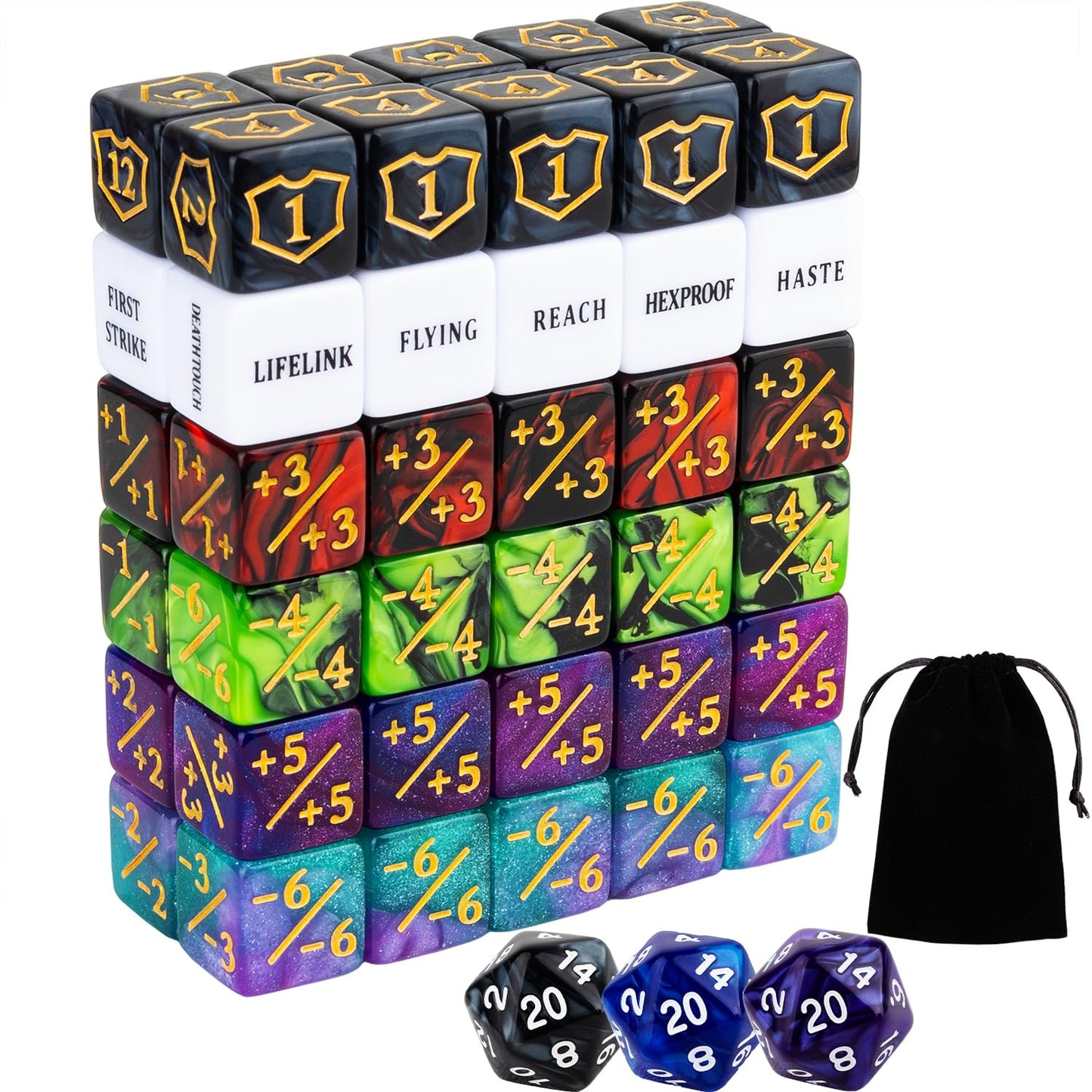 LAMJAM 63-Piece MTG Dice Counters Kit | Shield Dice, Keywords & Life Tokens