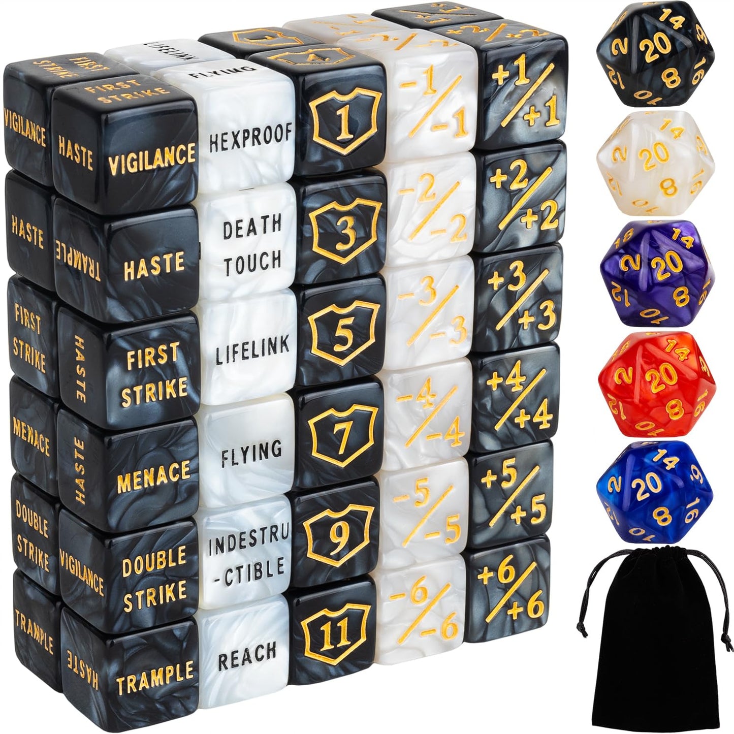LAMJAM 65-Piece MTG Dice Counters Set: +1 Buff Tokens, Shield Dice & Keyword Dice for MTG, TCG & Card Games