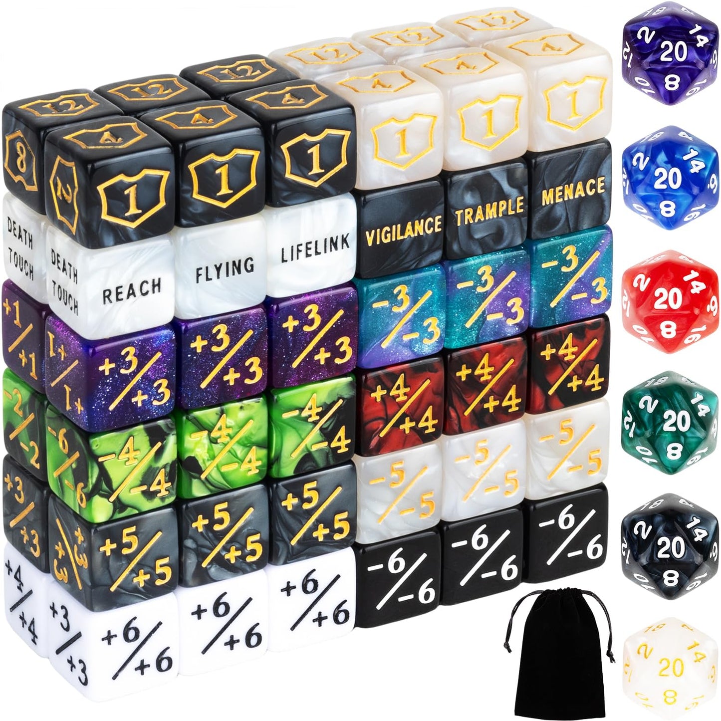 LAMJAM 78-Piece MTG Dice Counters Set with +1/+1 Buff Tokens | Acrylic Card Game Accessories