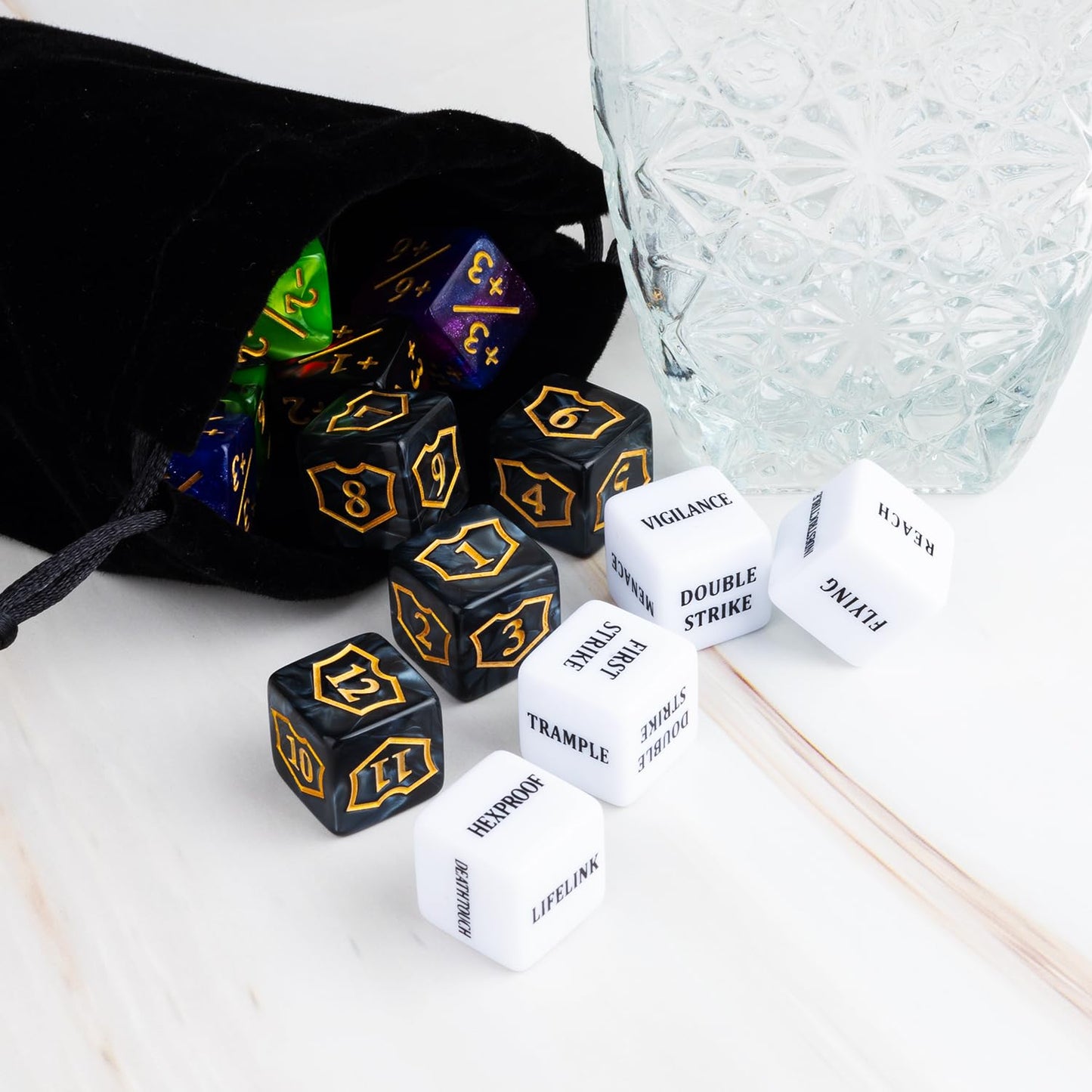 LAMJAM 63-Piece MTG Dice Counters Kit | Shield Dice, Keywords & Life Tokens