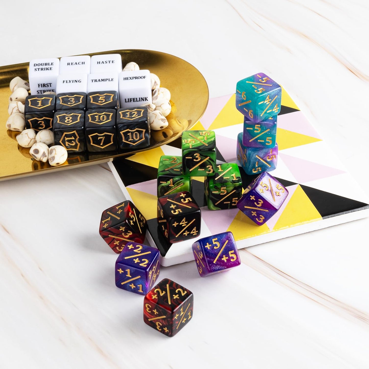 LAMJAM 63-Piece MTG Dice Counters Kit | Shield Dice, Keywords & Life Tokens