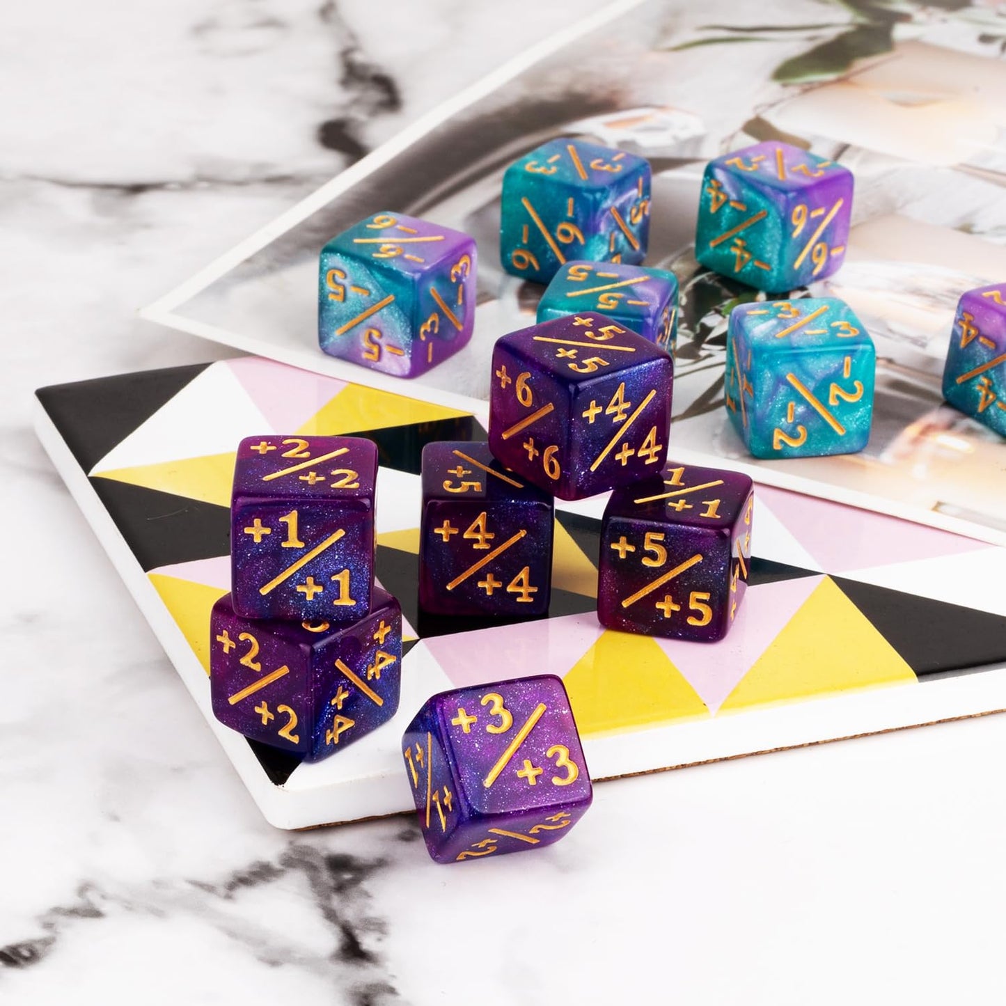 LAMJAM 24-Piece MTG Dice Counters Set + 1 D6 Life Tokens, Blue & Purple – Card Game Accessory