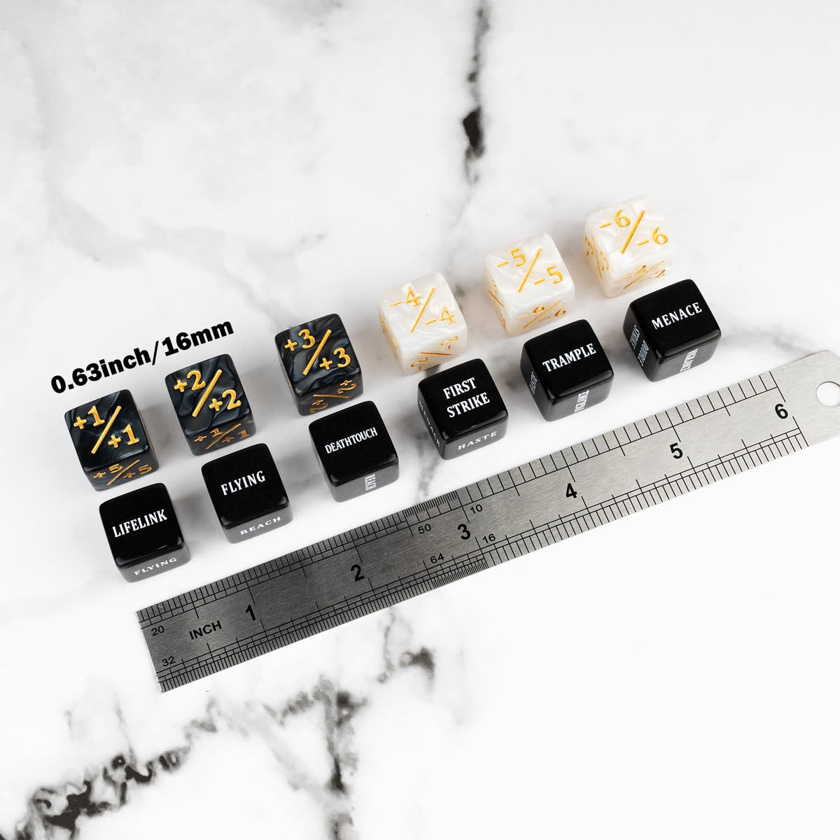 LAMJAM 48-Piece Abilities Keywords Counter Dice for MTG – Black Acrylic with Velvet Pouch