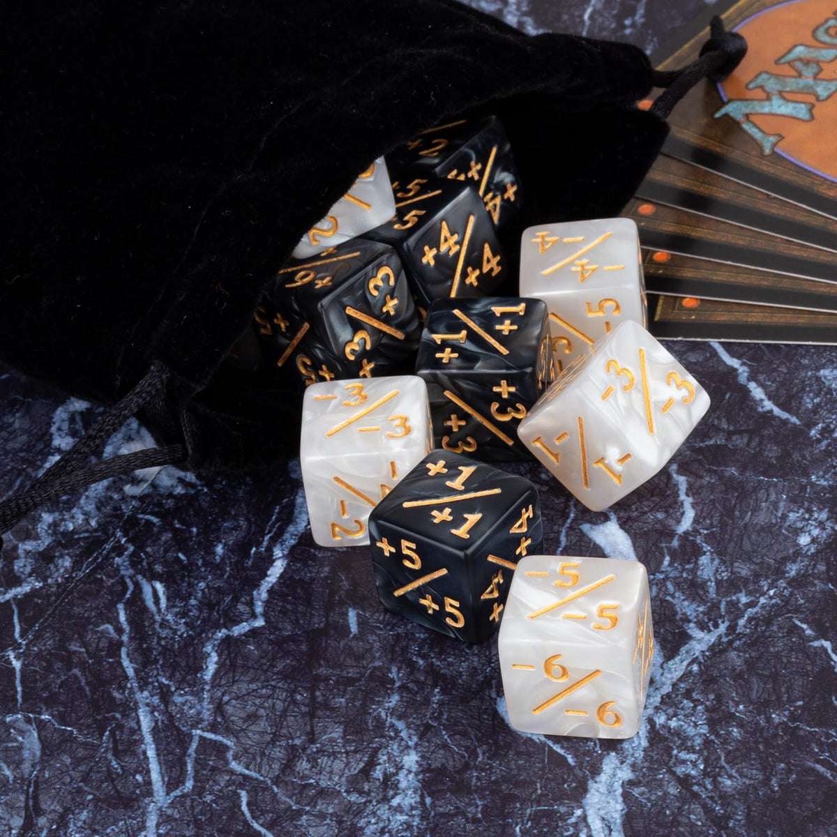 LAMJAM 48-Piece Abilities Keywords Counter Dice for MTG – Black Acrylic with Velvet Pouch