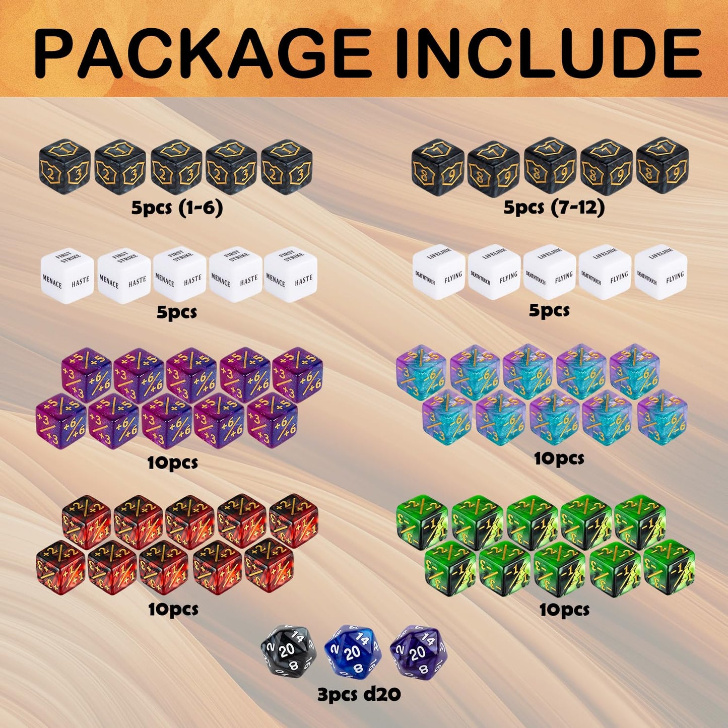 LAMJAM 63-Piece MTG Dice Counters Kit | Shield Dice, Keywords & Life Tokens