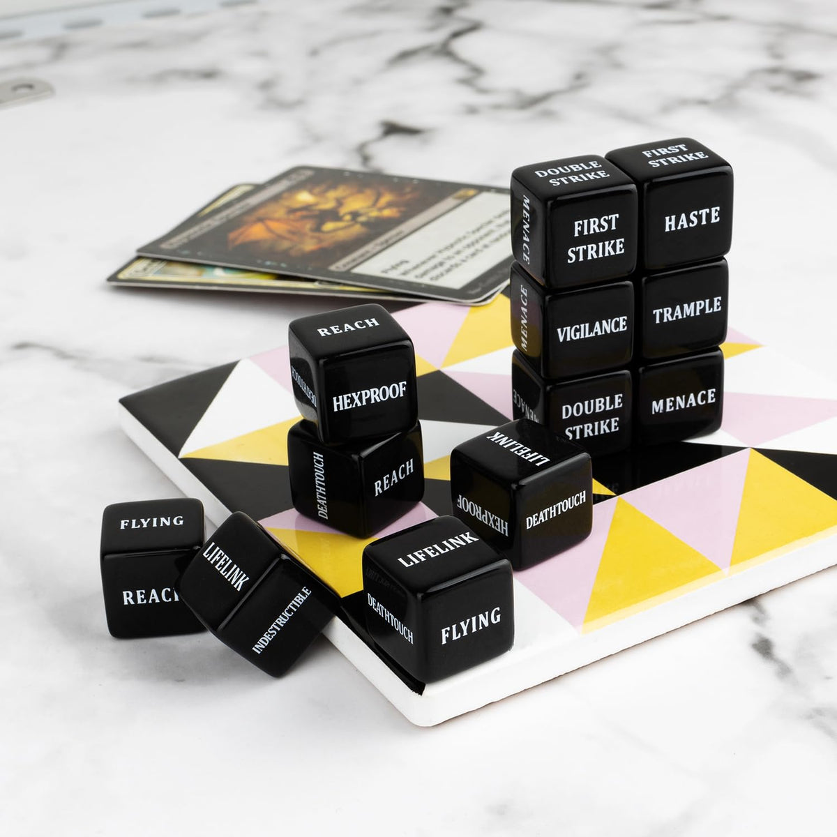 LAMJAM 48-Piece Abilities Keywords Counter Dice for MTG – Black Acrylic with Velvet Pouch