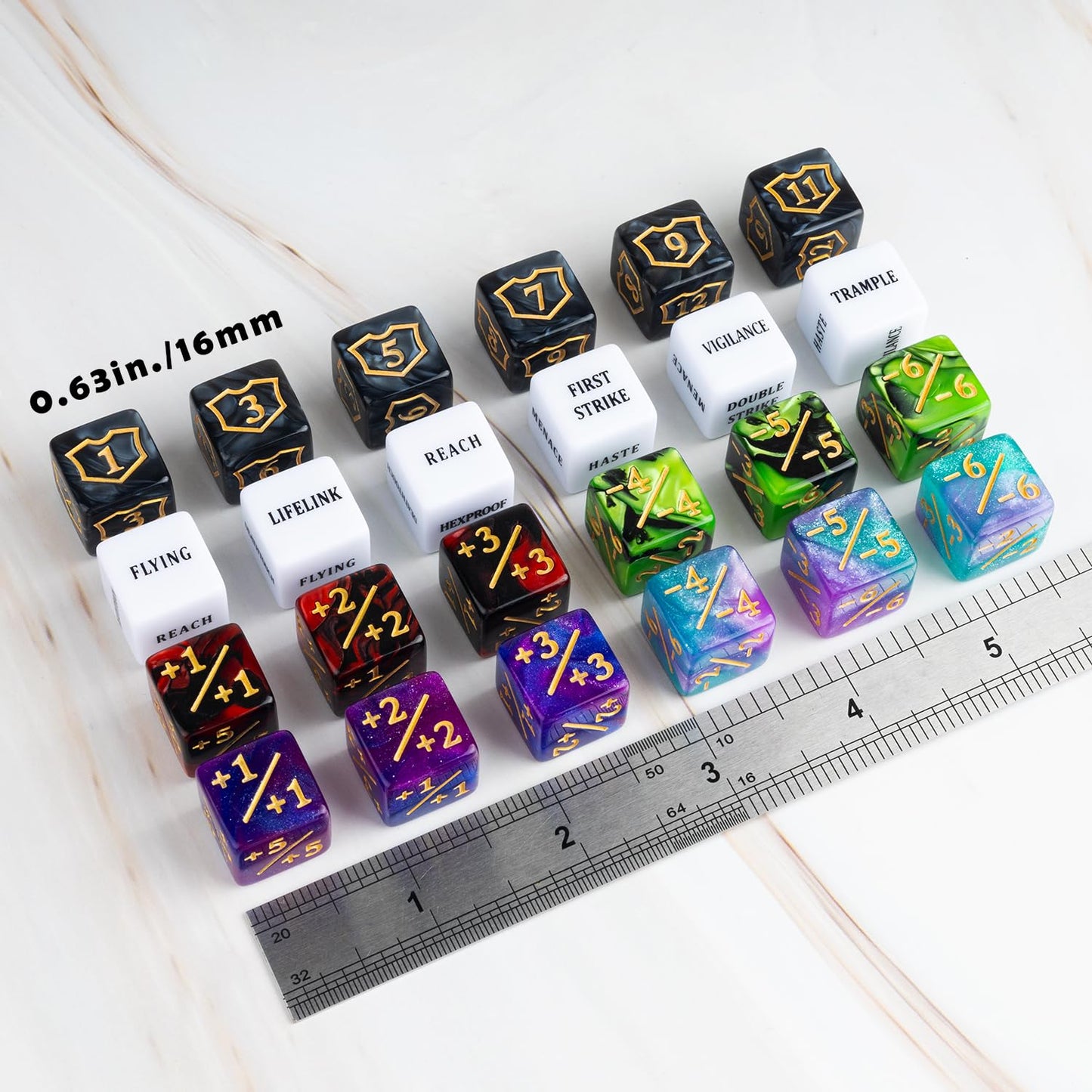 LAMJAM 63-Piece MTG Dice Counters Kit | Shield Dice, Keywords & Life Tokens
