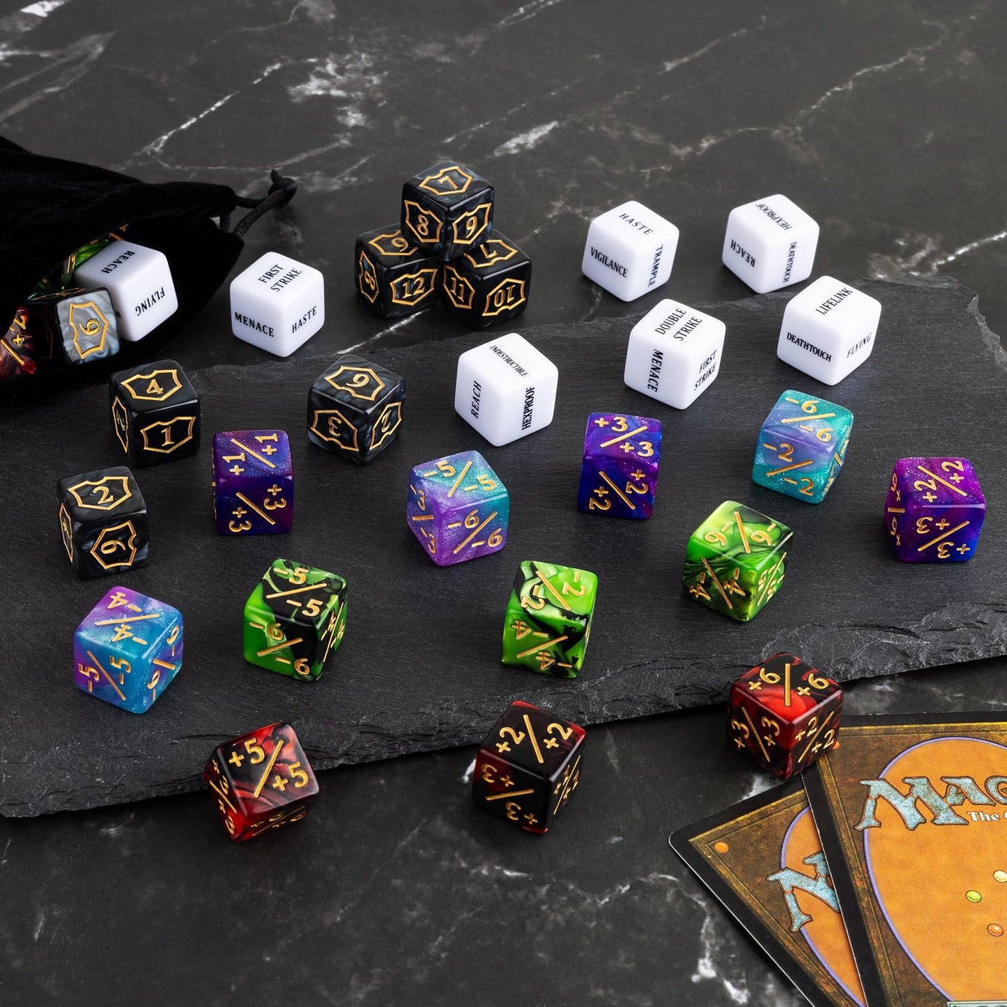 LAMJAM 63-Piece MTG Dice Counters Kit | Shield Dice, Keywords & Life Tokens