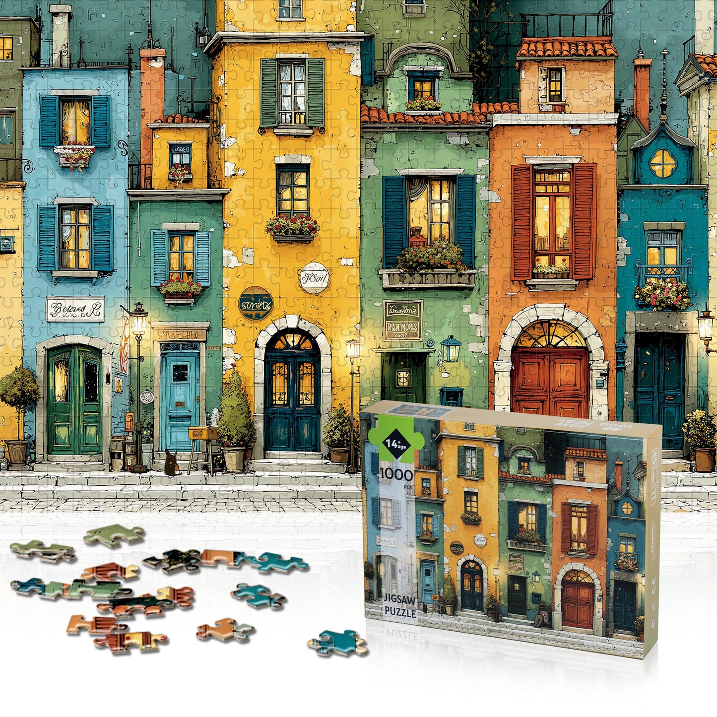 Lamplig 1000-Piece Puzzle: Fall Italy Town Street Vintage Landscape + 1:1 Poster