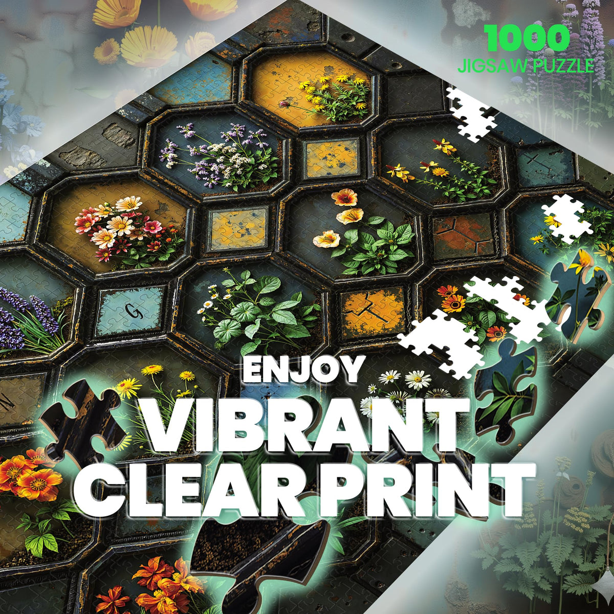 Lamplig 1000-Piece Flower Mosaic Puzzle for Adults – Garden & Nature, with 1:1 Poster & Lettered Back