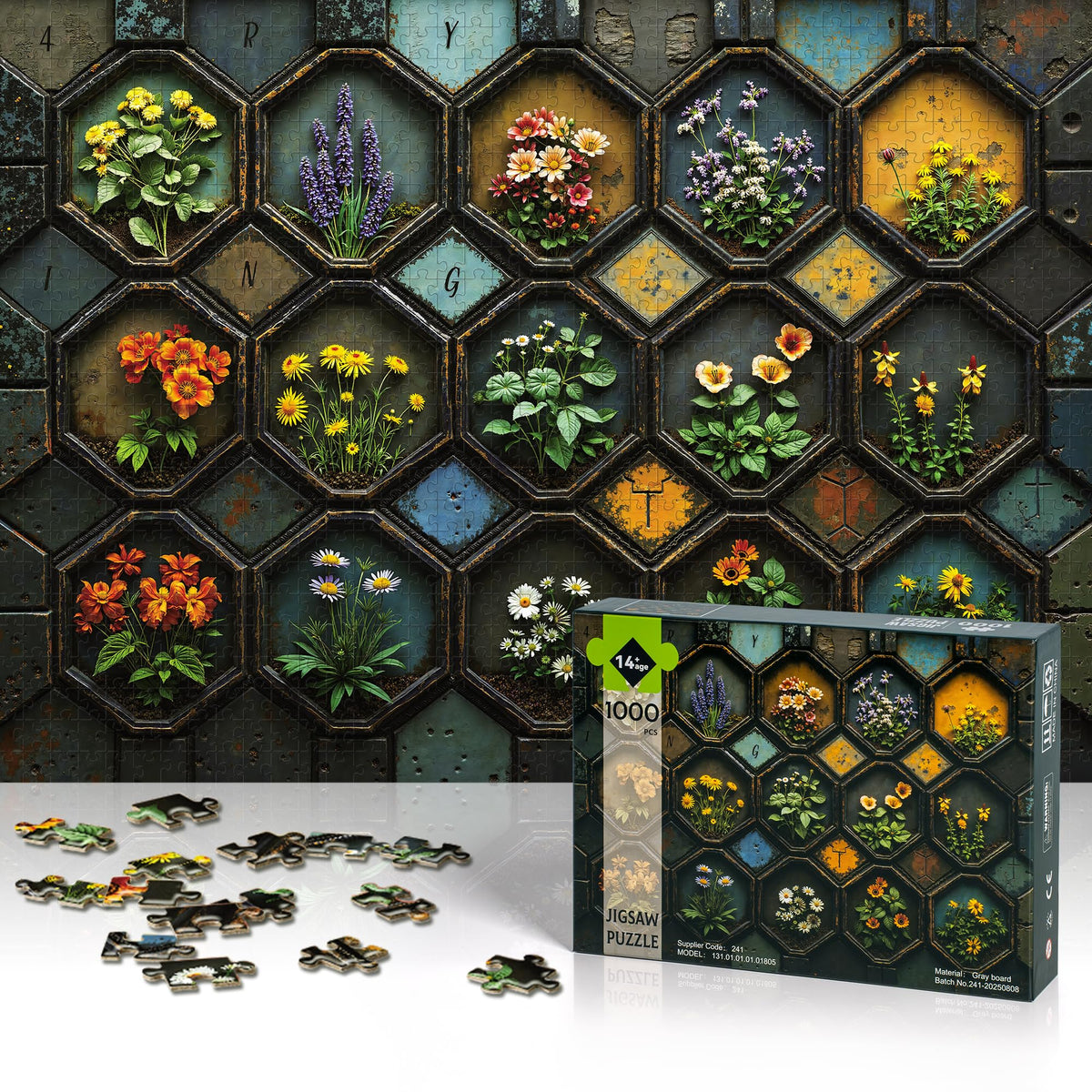Lamplig 1000-Piece Flower Mosaic Puzzle for Adults – Garden & Nature, with 1:1 Poster & Lettered Back