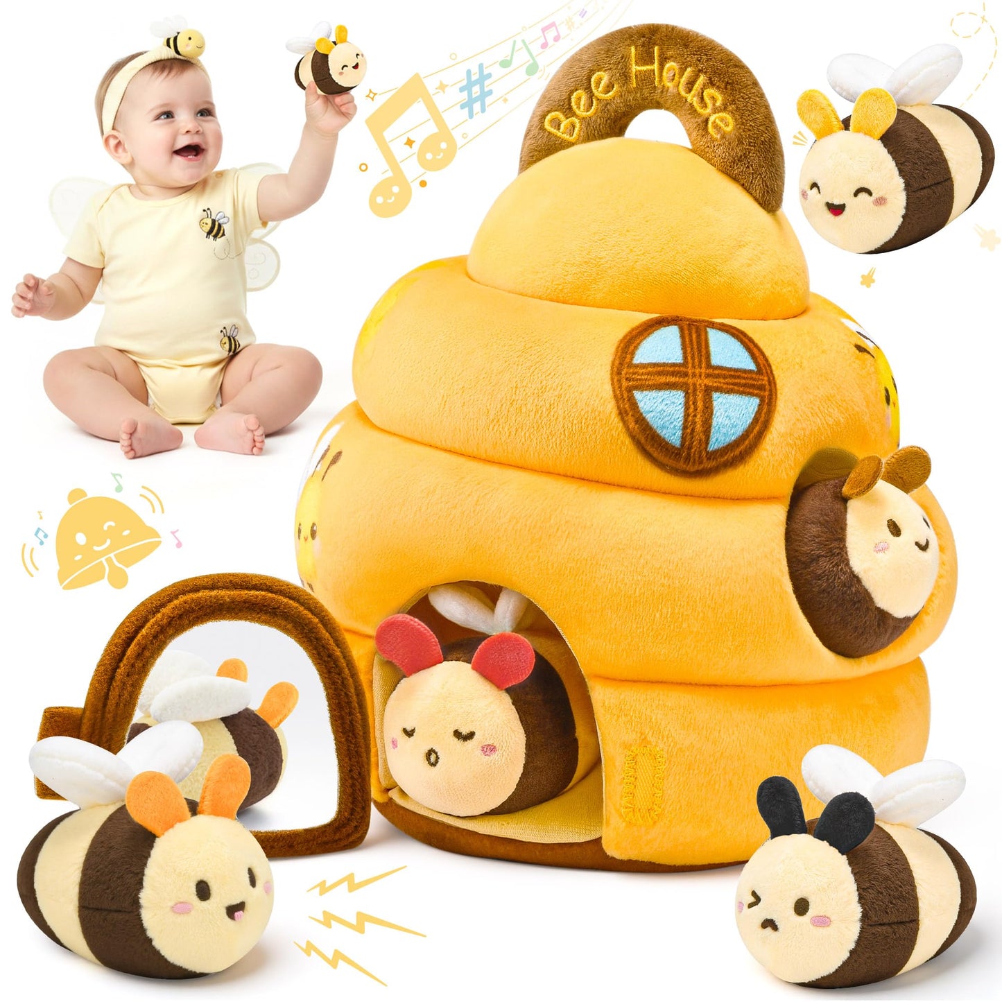 Lanbeby Beehive Infant Toy for 6–12 Months – 5 Sensory Bees, Crinkle, Rattle, Mirror & Music