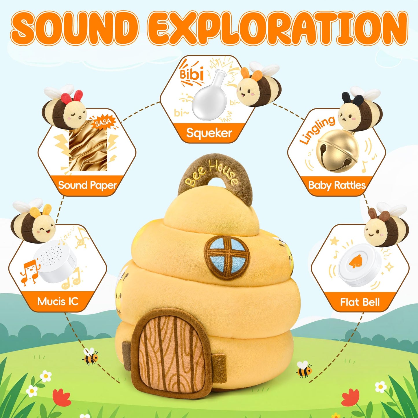 Lanbeby Beehive Infant Toy for 6–12 Months – 5 Sensory Bees, Crinkle, Rattle, Mirror & Music